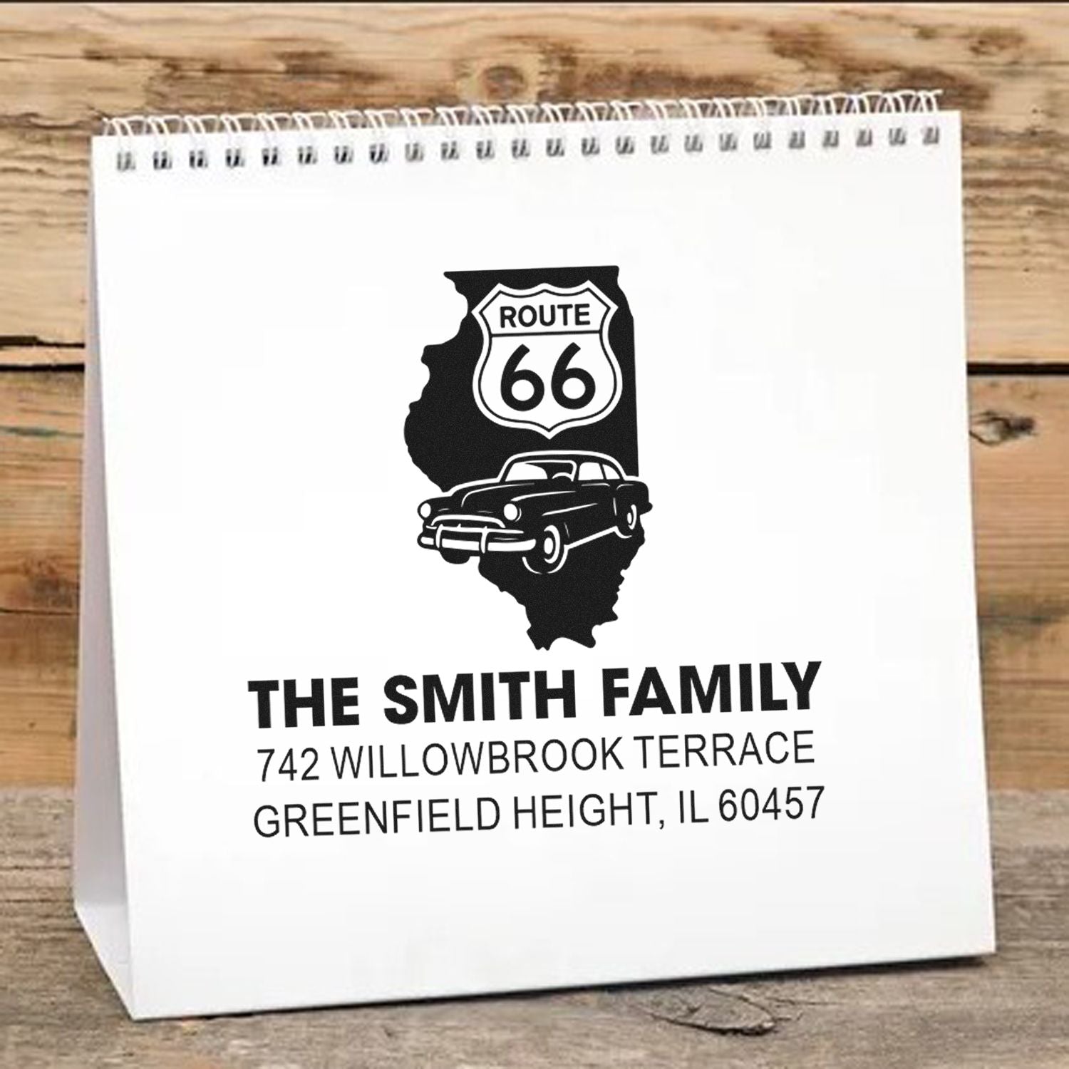 Custom Route 66 family return address rubber stamp design for The Smith Family, with Illinois map silhouette and classic car.
