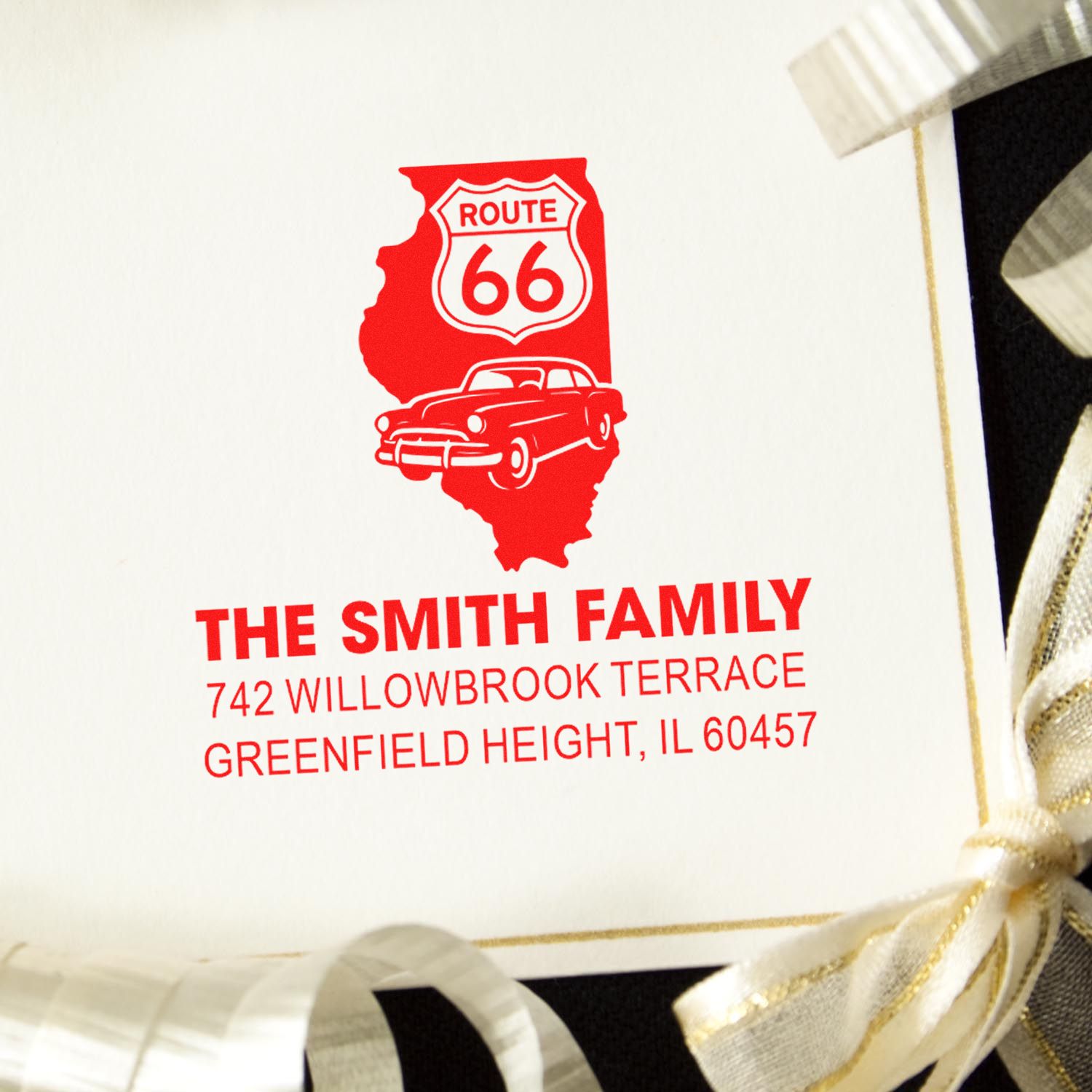 Custom Route 66 family address rubber stamp with Illinois car design for personalized stationery