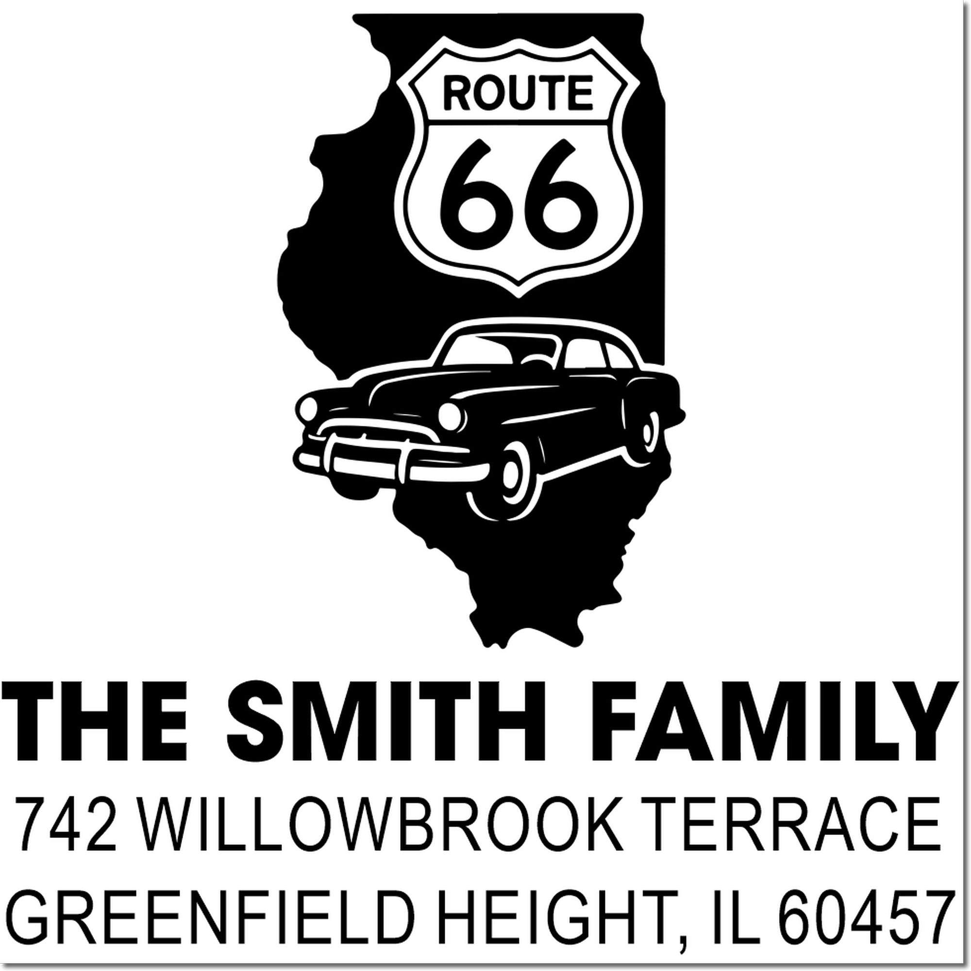Custom family return address rubber stamp with Route 66 Illinois sign and classic car design.