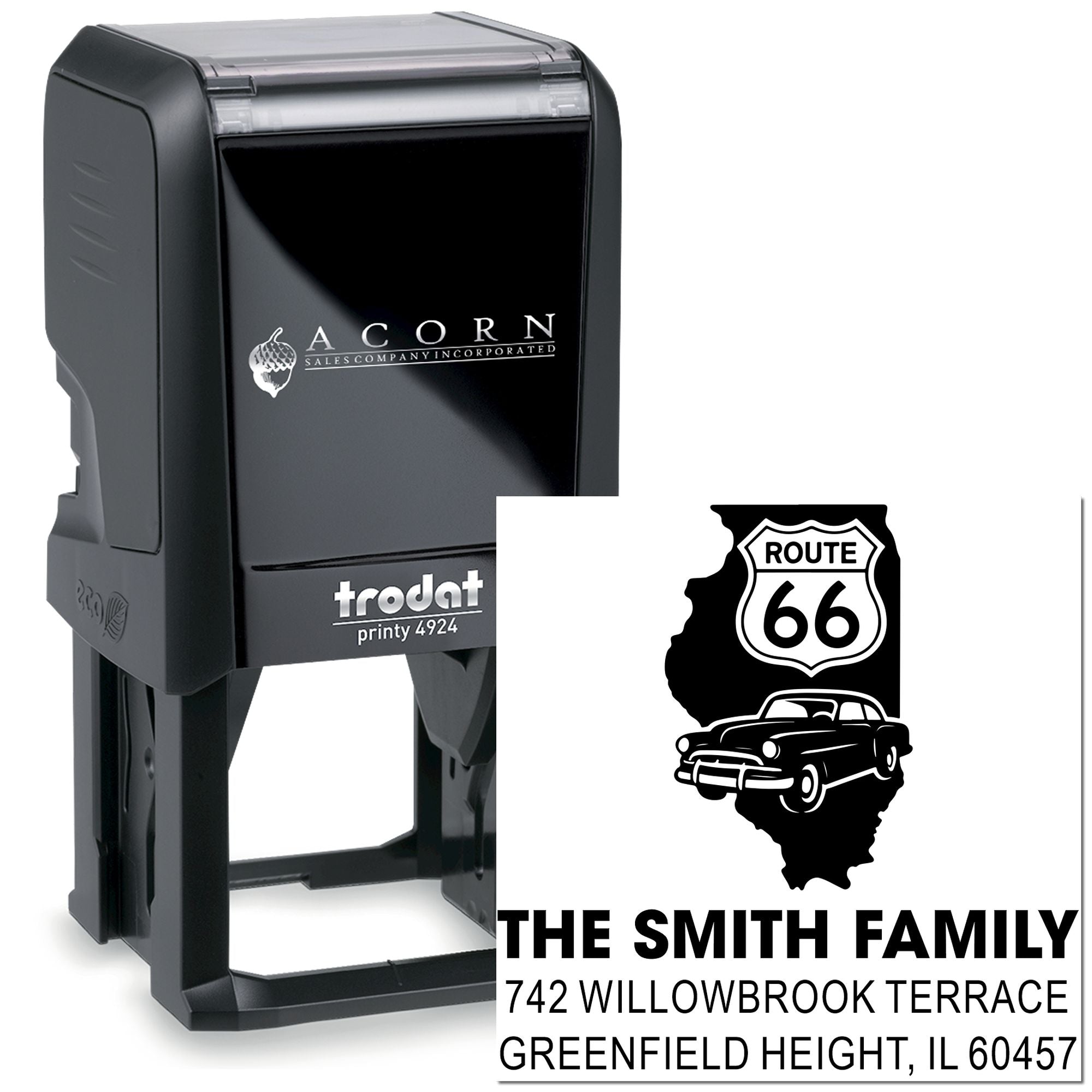 Custom self-inking rubber stamp with Route 66 family address design, ideal for personalized mailings and return addresses.