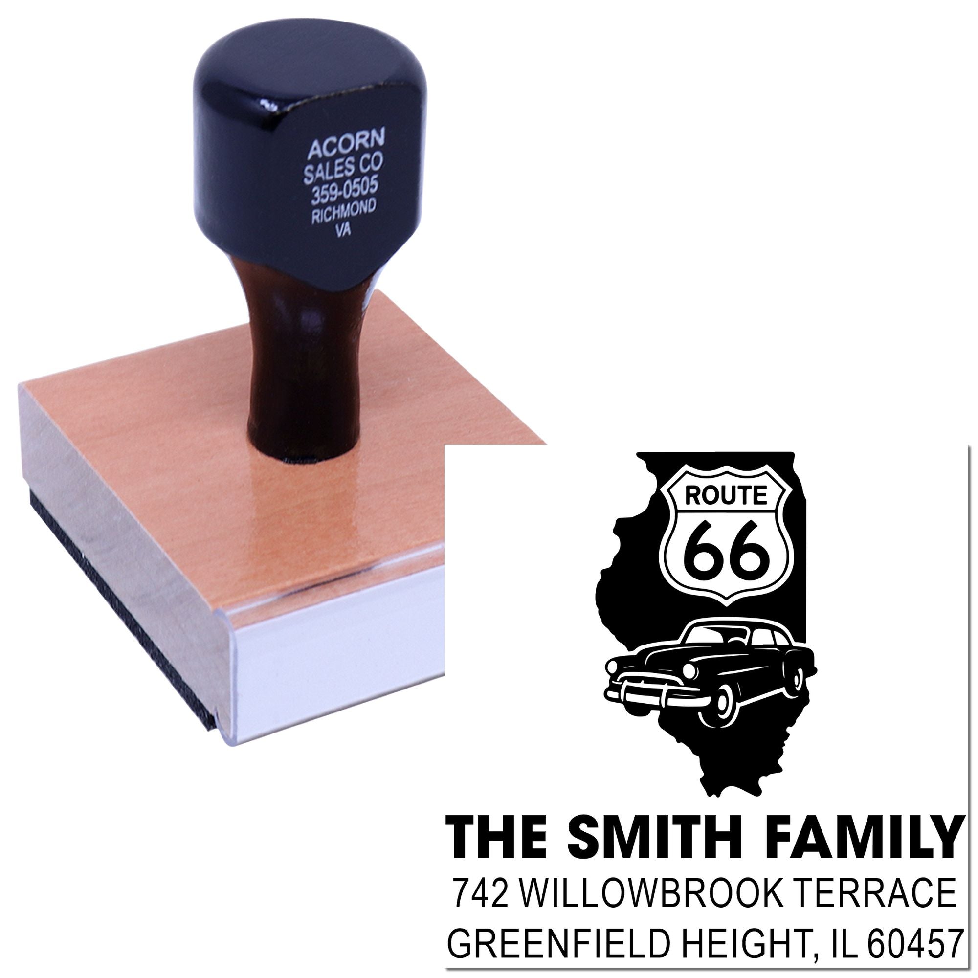 Custom self-inking rubber address stamp with Route 66 family design for The Smith Family, Greenfield Heights, IL.