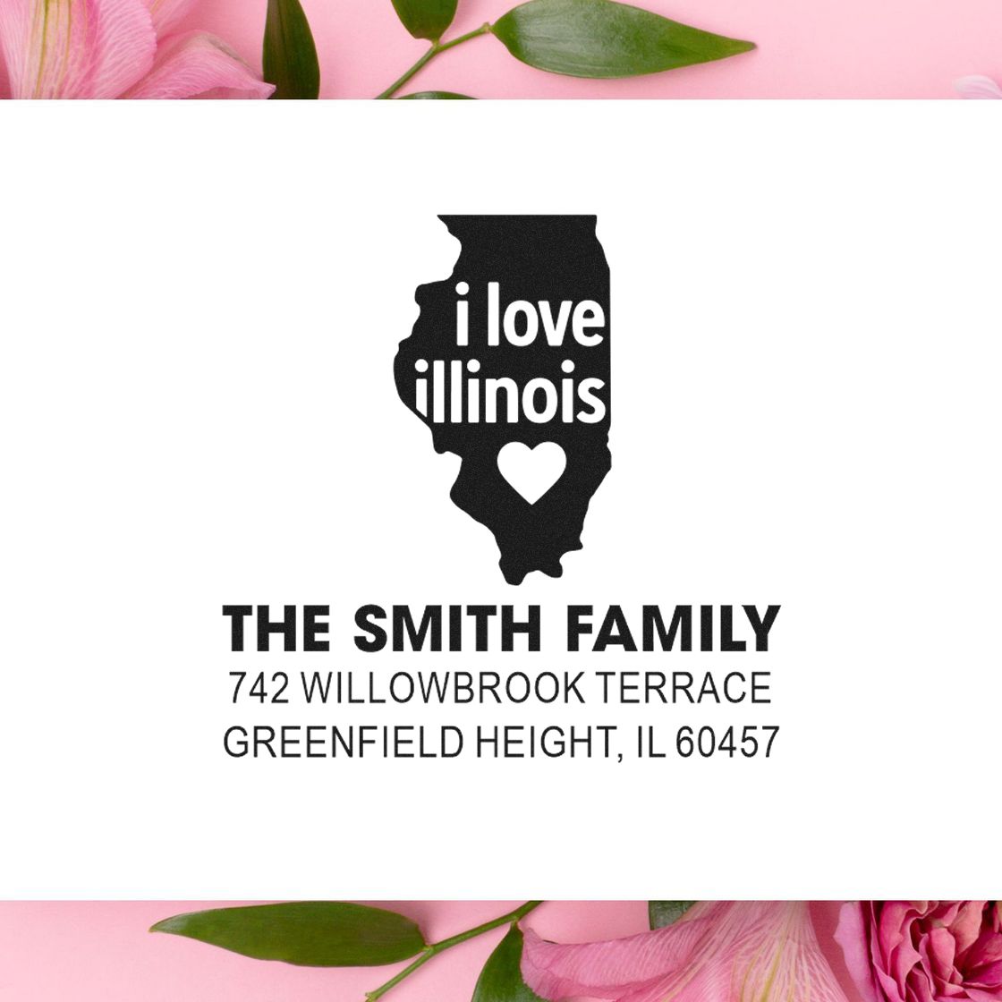 Personalized return address rubber stamp with Illinois I love Illinois design for The Smith Family.