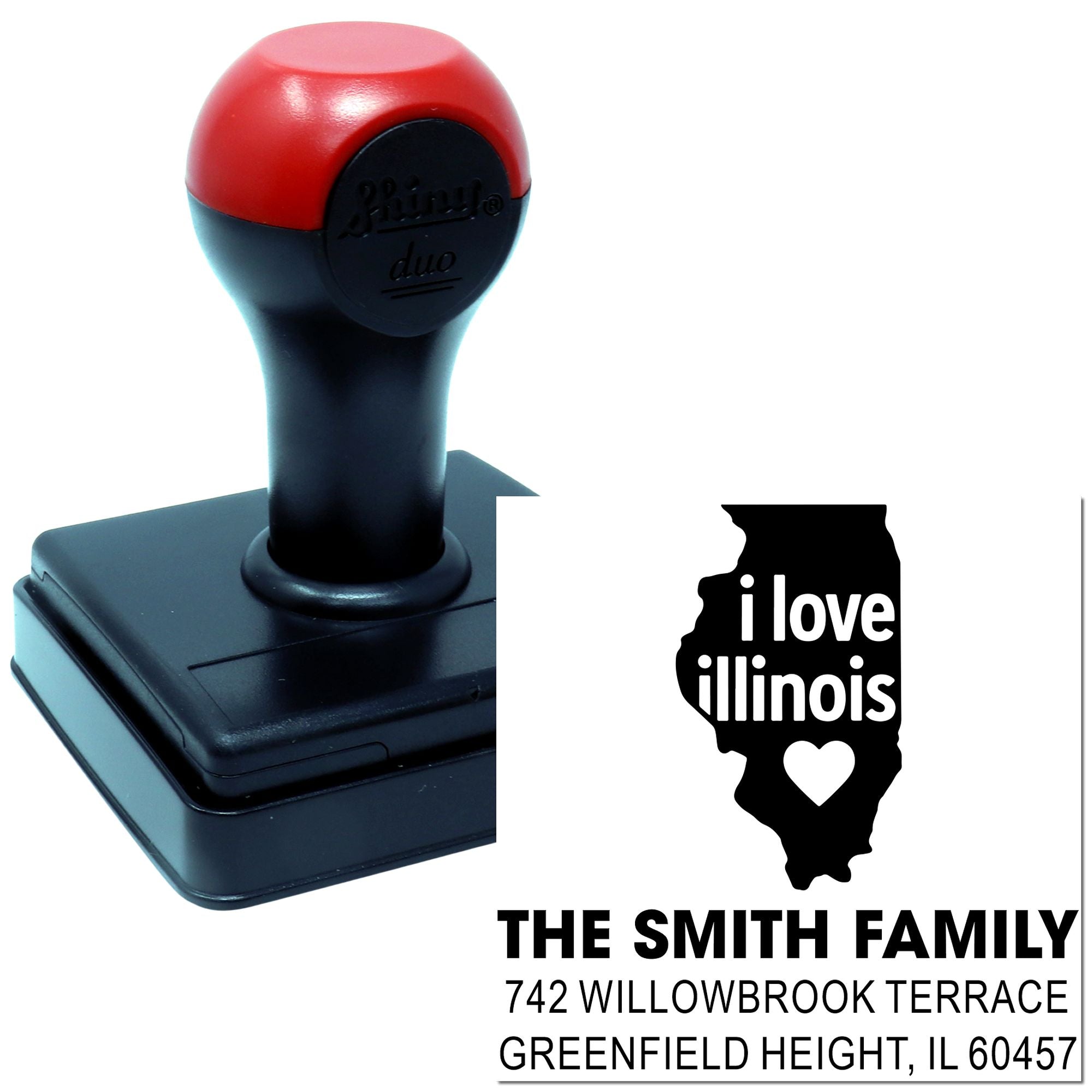 Personalized self-inking rubber stamp with Illinois family address design and I love Illinois state graphic.
