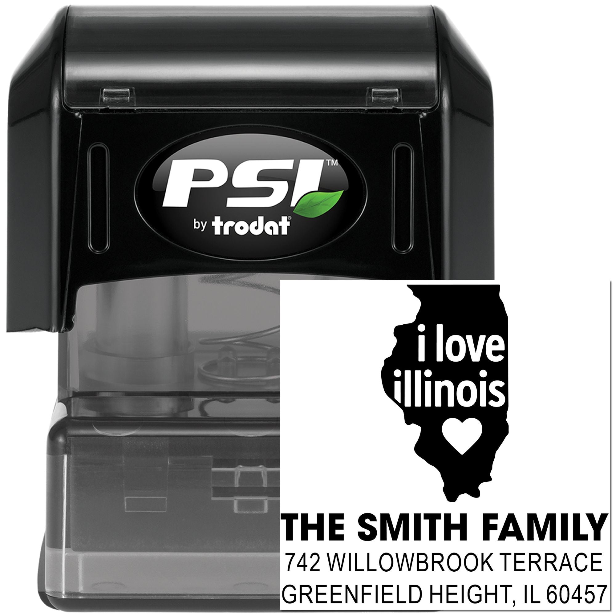 Custom self-inking PSI by Trodat rubber address stamp with Illinois state design and Smith family return address.