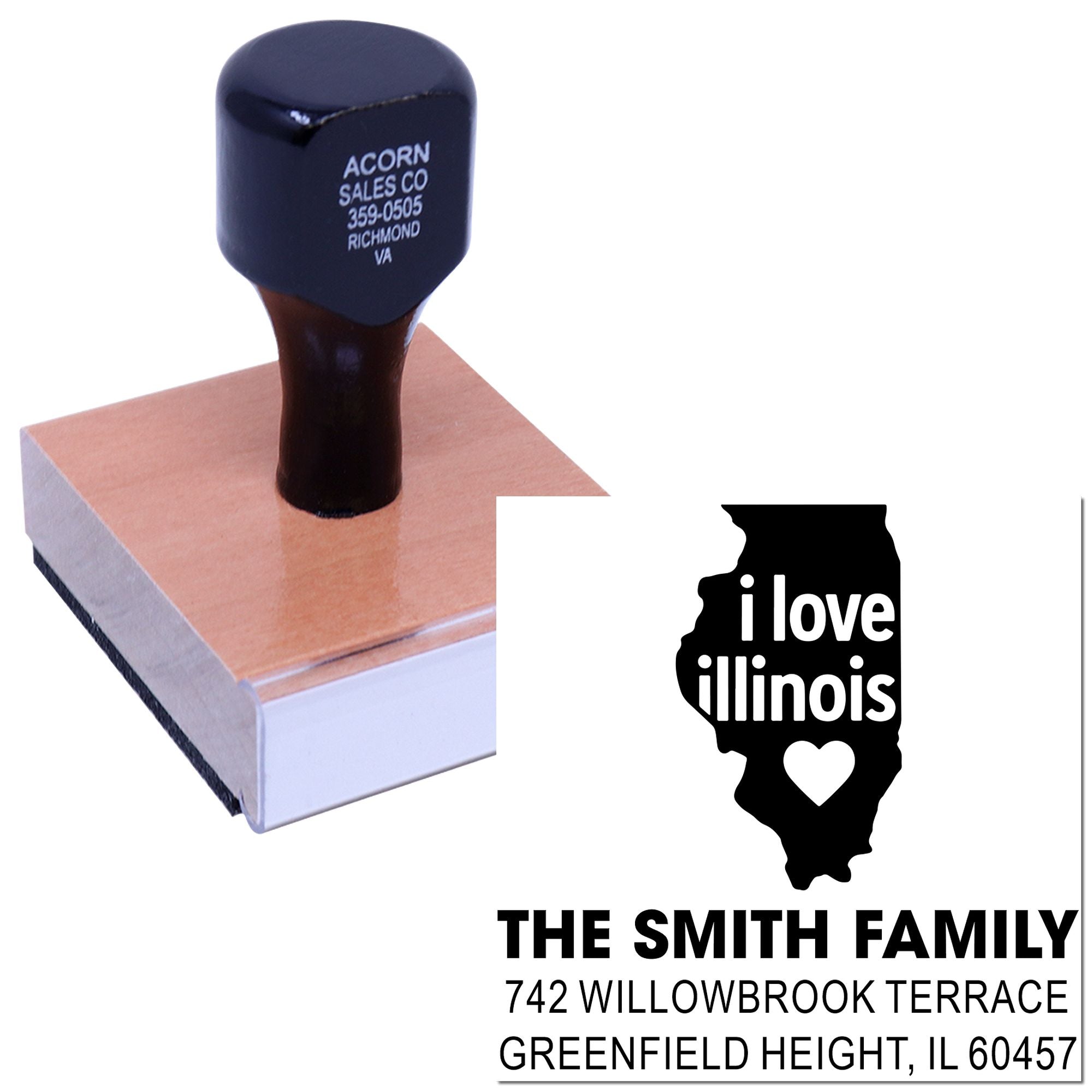 Custom rubber address stamp with Illinois state design and personalized return address for The Smith Family.