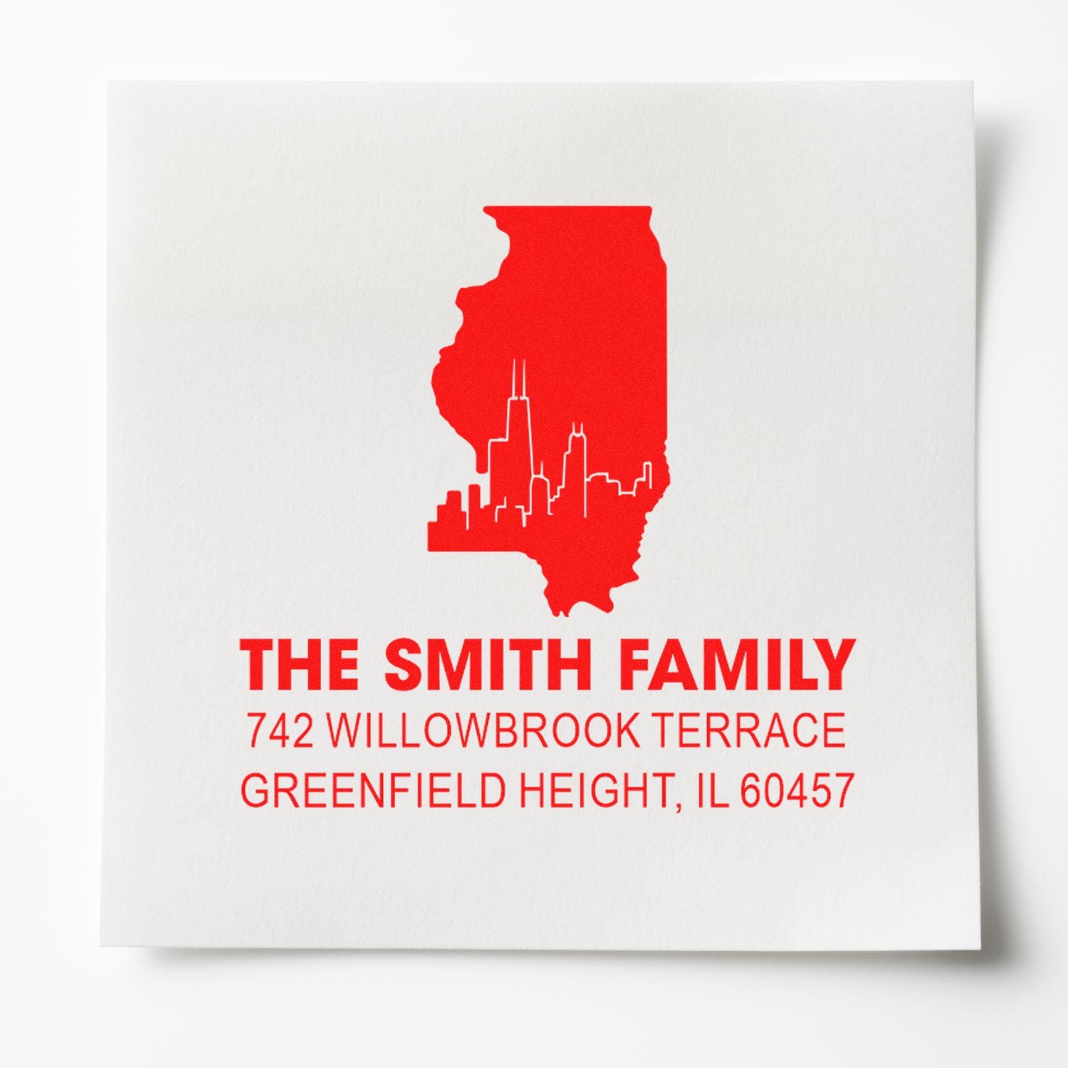 Custom Illinois return address rubber stamp for The Smith Family, Greenfield Heights, IL 60457