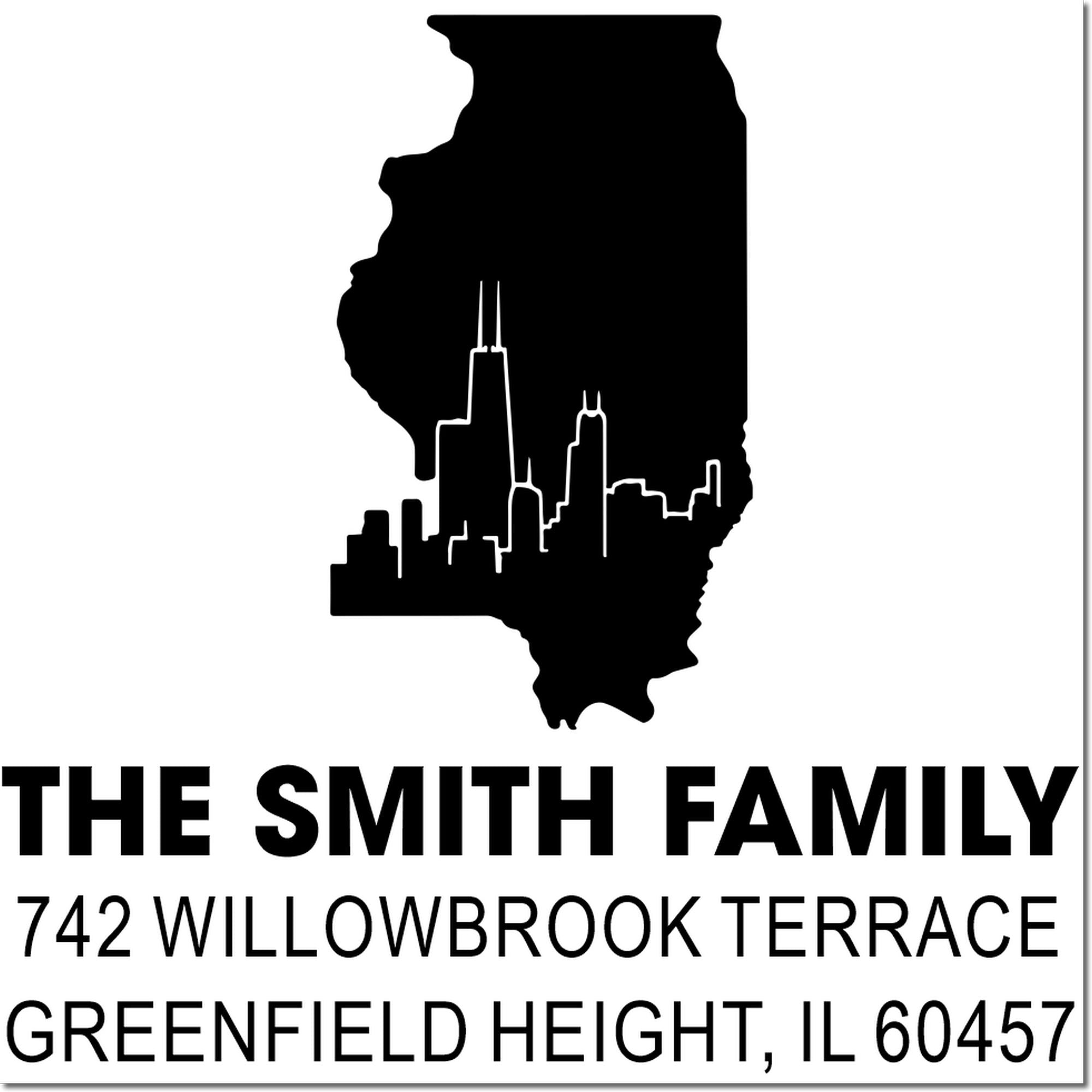 Custom Illinois address rubber stamp for The Smith Family, 742 Willowbrook Terrace, Greenfield Heights, IL 60457.