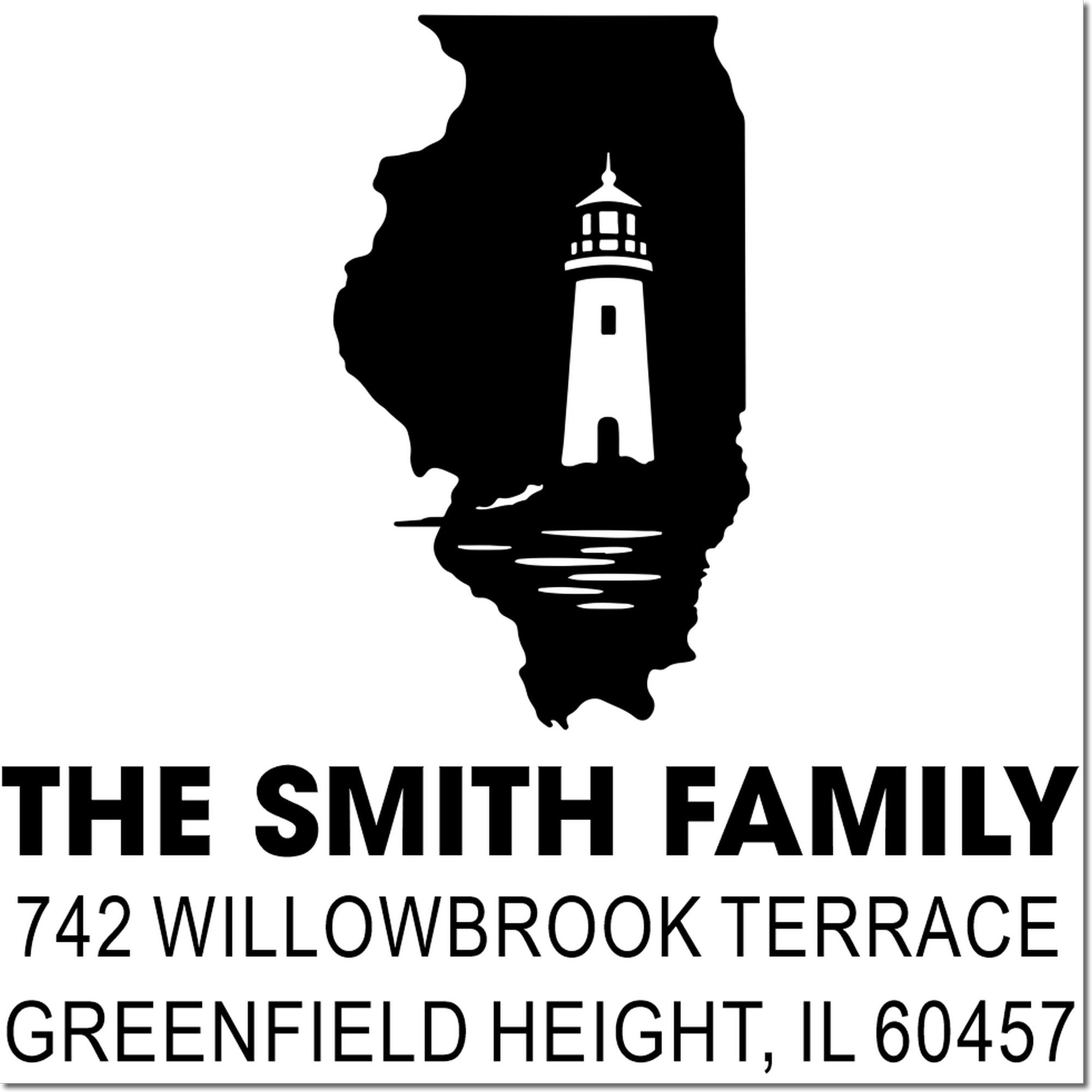 Illinois lighthouse return address rubber stamp for The Smith Family, 742 Willowbrook Terrace, Greenfield Heights, IL 60457