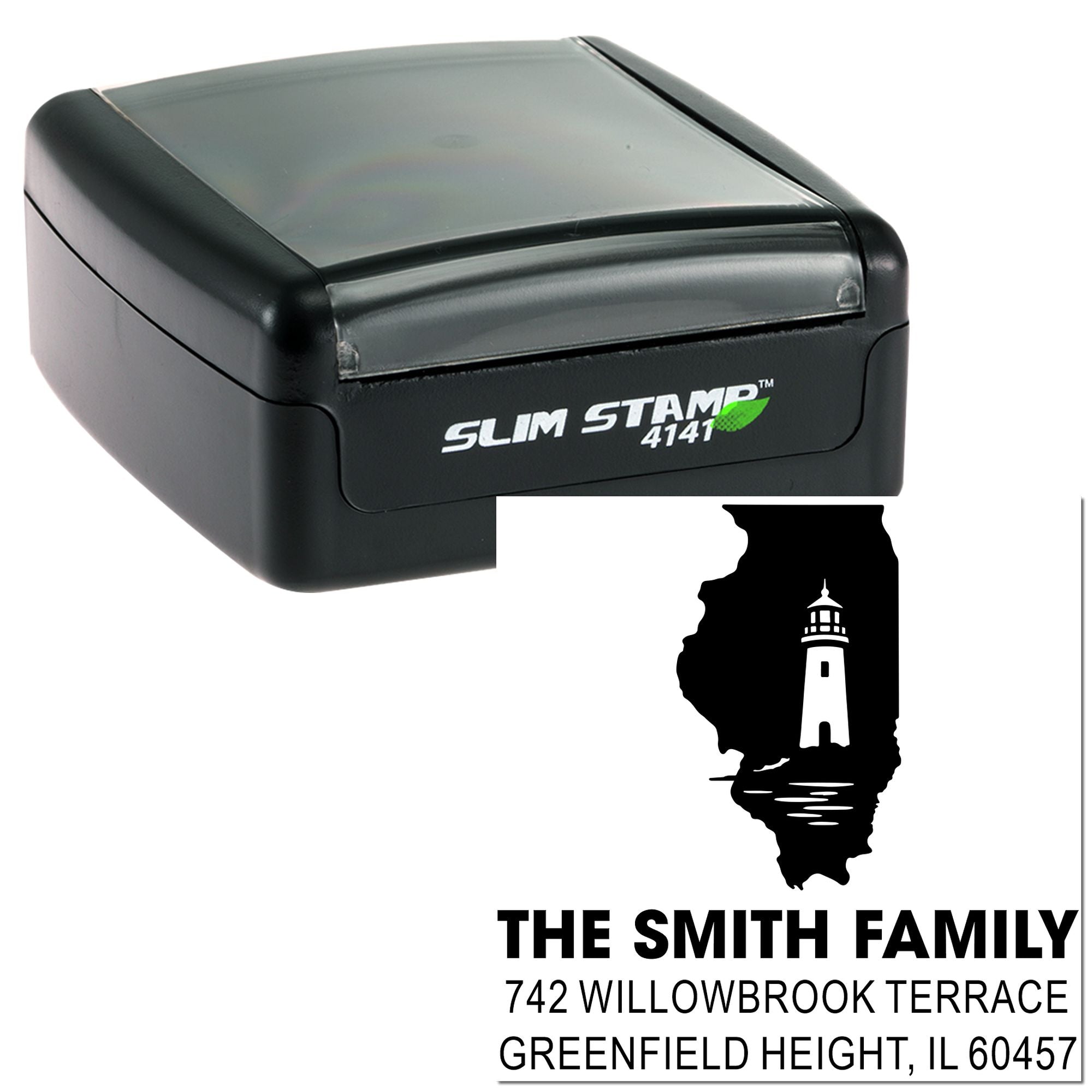 Custom self-inking rubber address stamp with lighthouse design for The Smith Family at 742 Willowbrook Terrace.