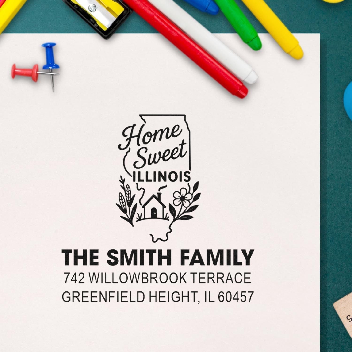 Personalized rubber stamp with Home Sweet Illinois design for The Smith Family, featuring Greenfield Height, IL 60457 address.