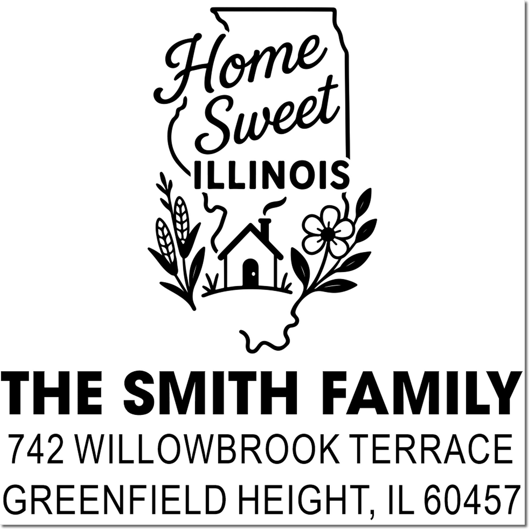 Personalized Illinois return address rubber stamp with Home Sweet Illinois design and Greenfield Heights family address.