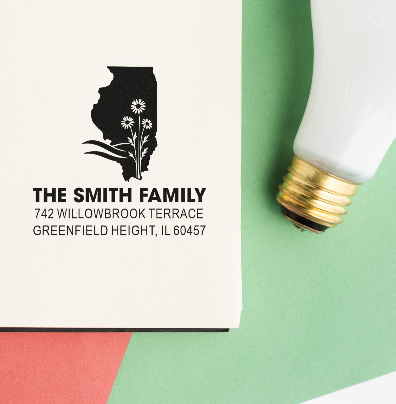 Custom return address rubber stamp with Illinois silhouette and floral design for The Smith Family address imprint.