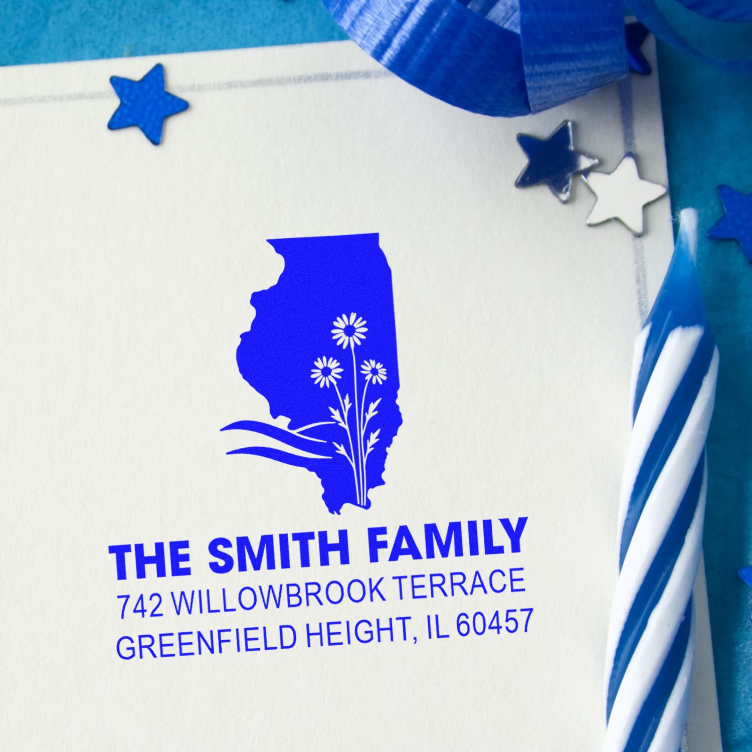 Custom return address rubber stamp for The Smith Family, featuring Illinois silhouette and floral design for personalized mail.