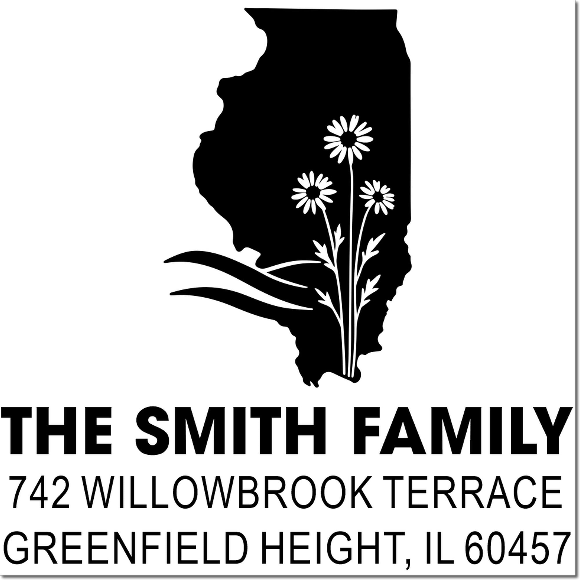 Custom address rubber stamp for The Smith Family, 742 Willowbrook Terrace, Greenfield Height, IL 60457, with Illinois floral design.