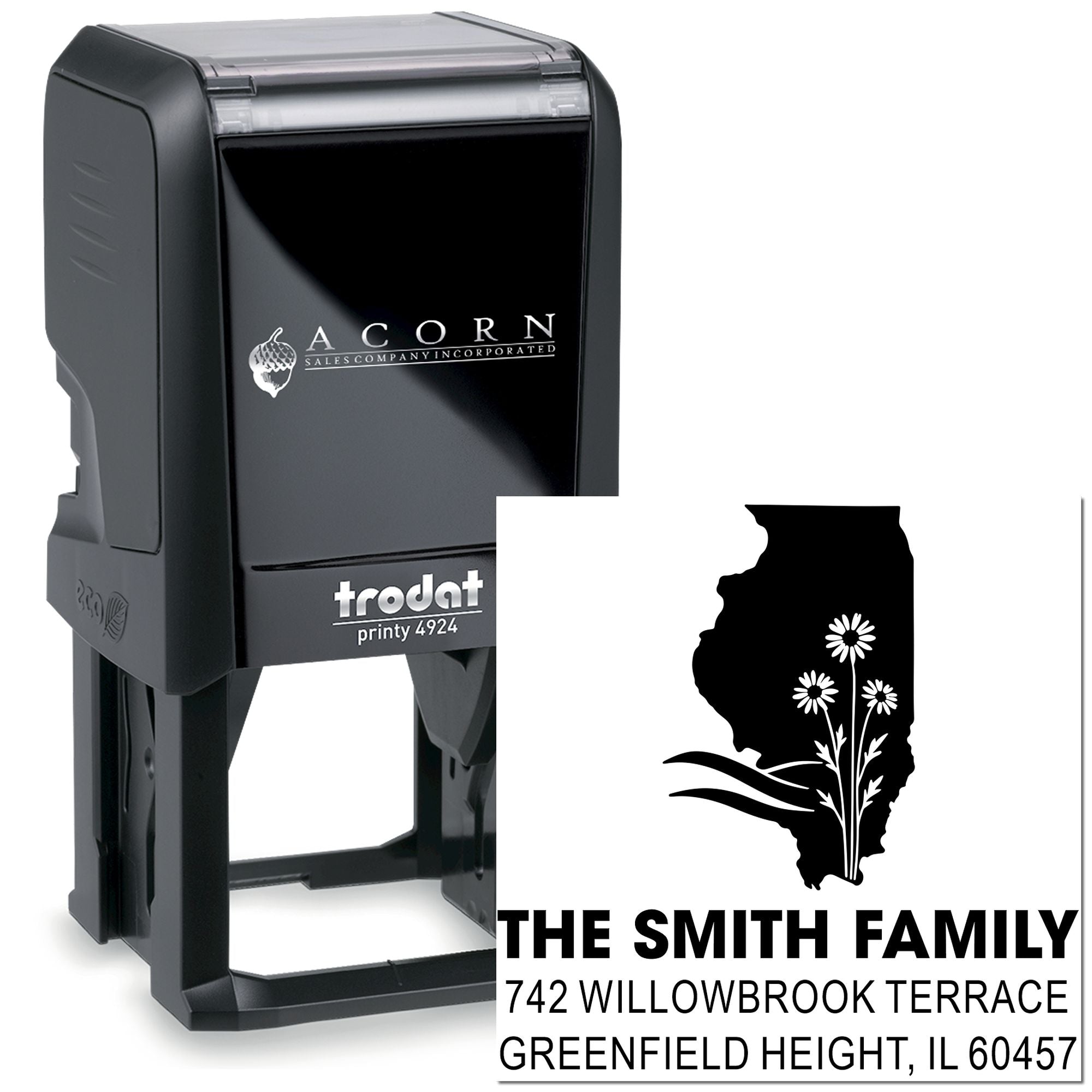 Custom self-inking rubber address stamp with Illinois family name and address, Trodat Printy 4924 personalized stamp.