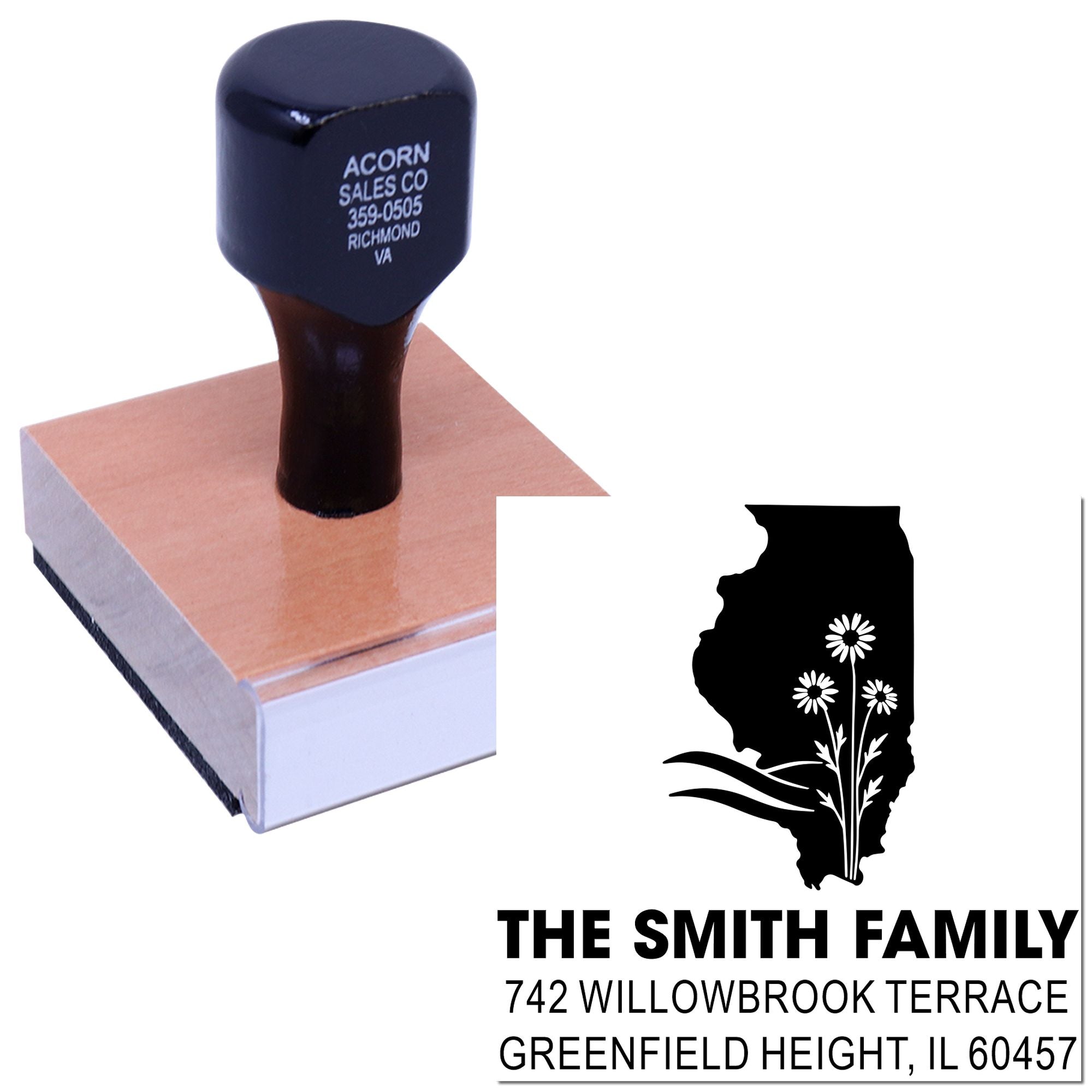 Custom return address rubber stamp with Illinois floral state design for The Smith Family mailing label.