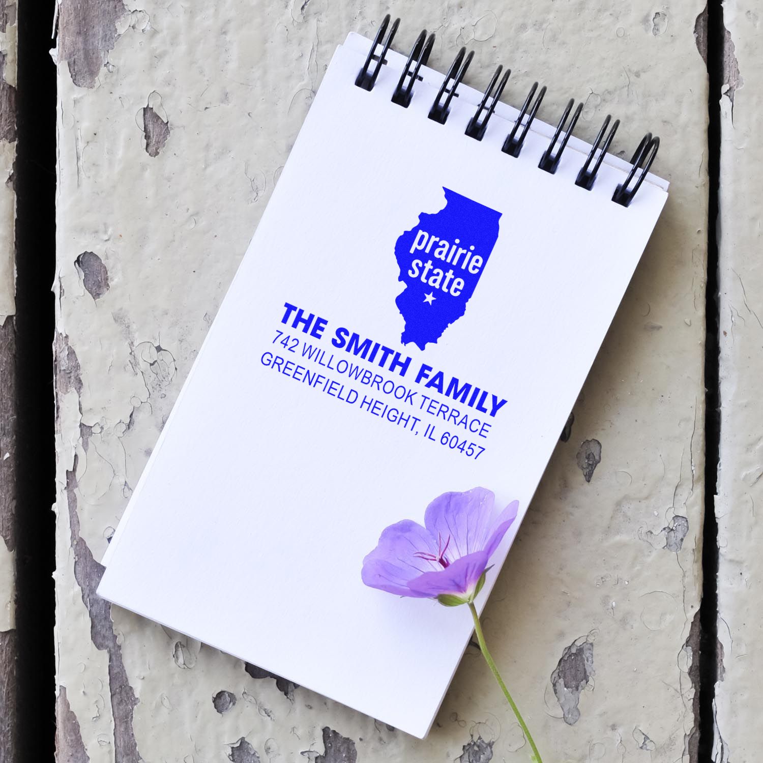 Custom rubber stamp mockup with family name, Illinois return address, and prairie state logo for personalized mail.