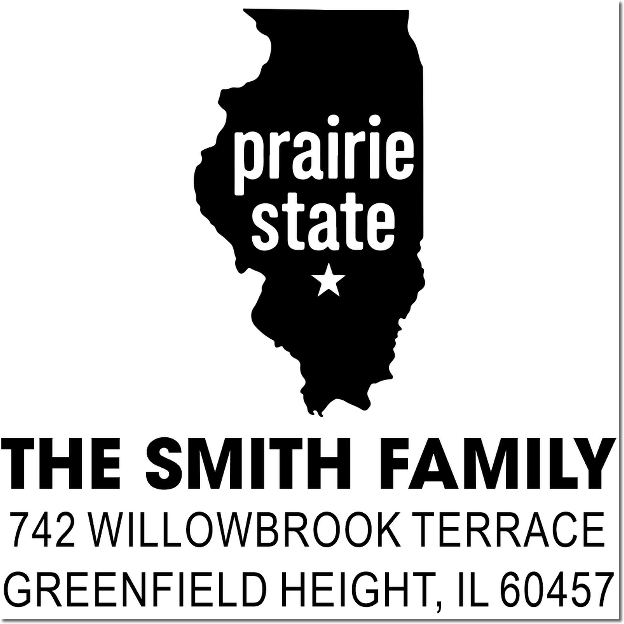 Illinois Prairie State return address rubber stamp for The Smith Family, 742 Willowbrook Terrace, Greenfield Heights, IL 60457.