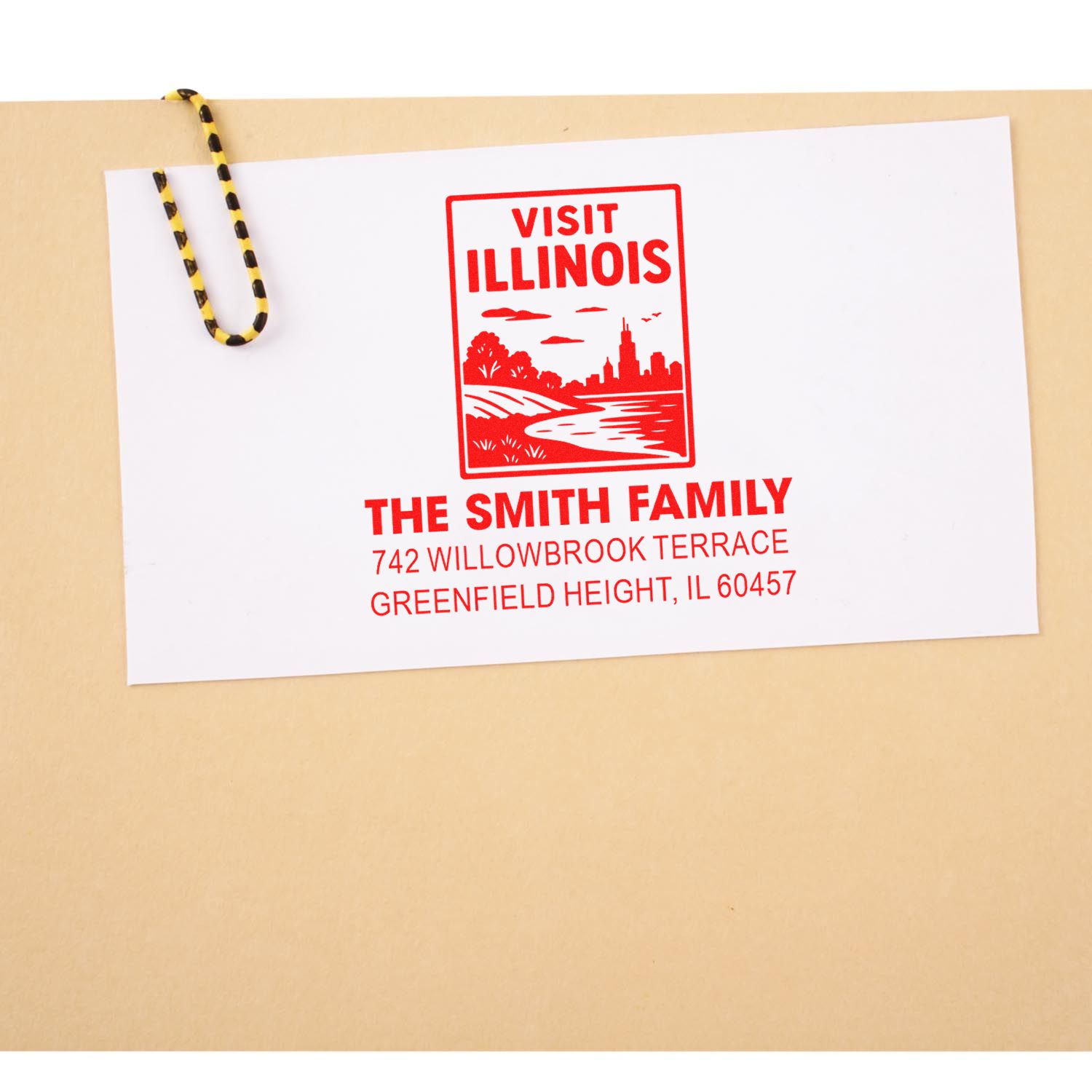 Custom return address rubber stamp with Visit Illinois design for The Smith Family, Greenfield Heights, IL.