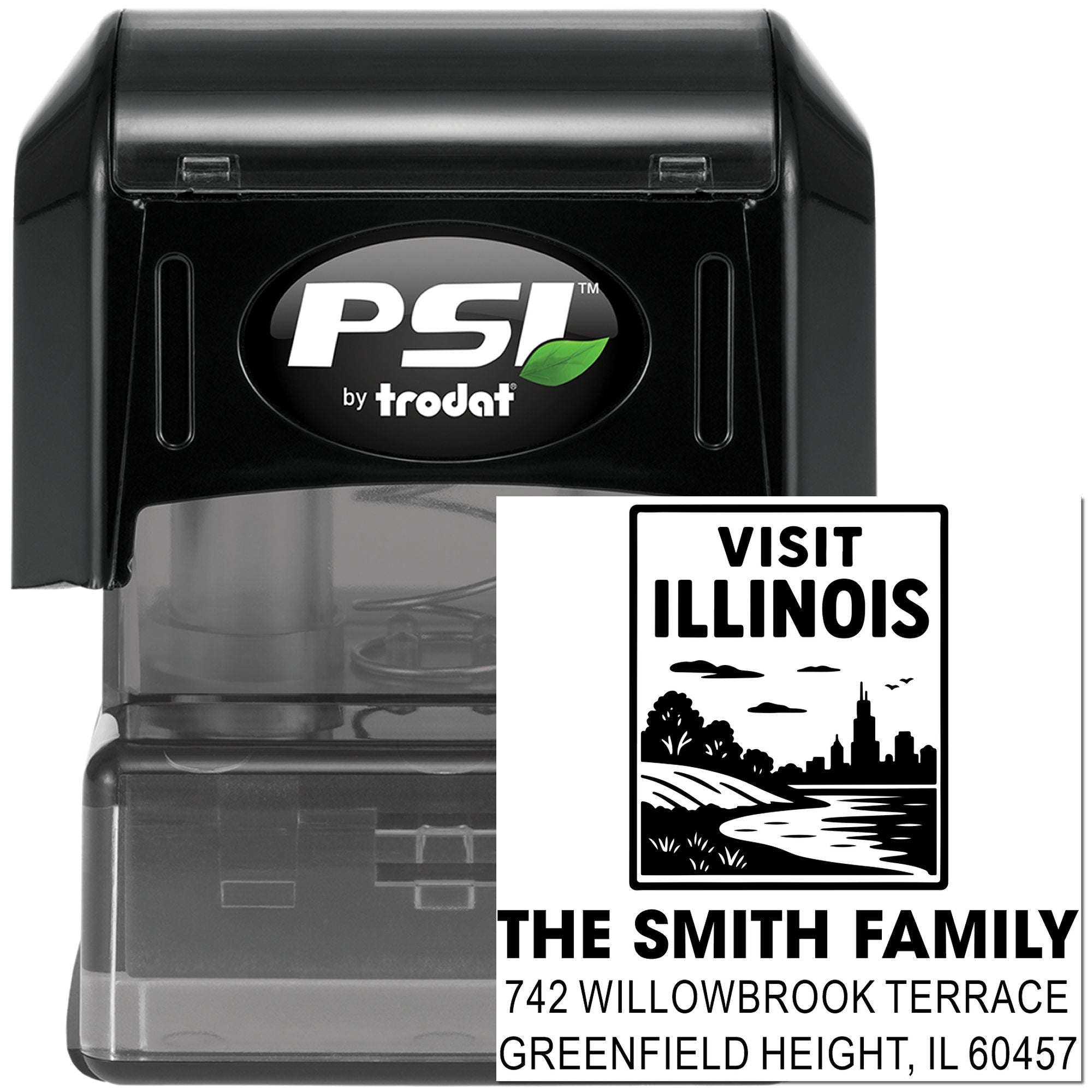 Custom self-inking rubber stamp for Visit Illinois family address imprint, PSI by Trodat travel stamp.