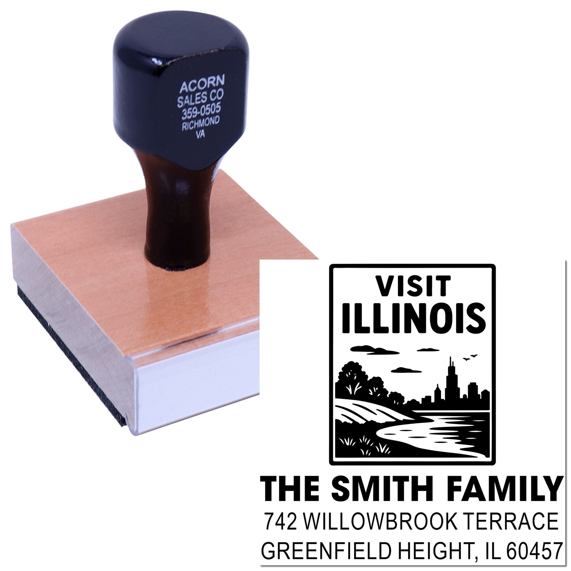 Custom return address rubber stamp with Visit Illinois design and family name for personalized correspondence