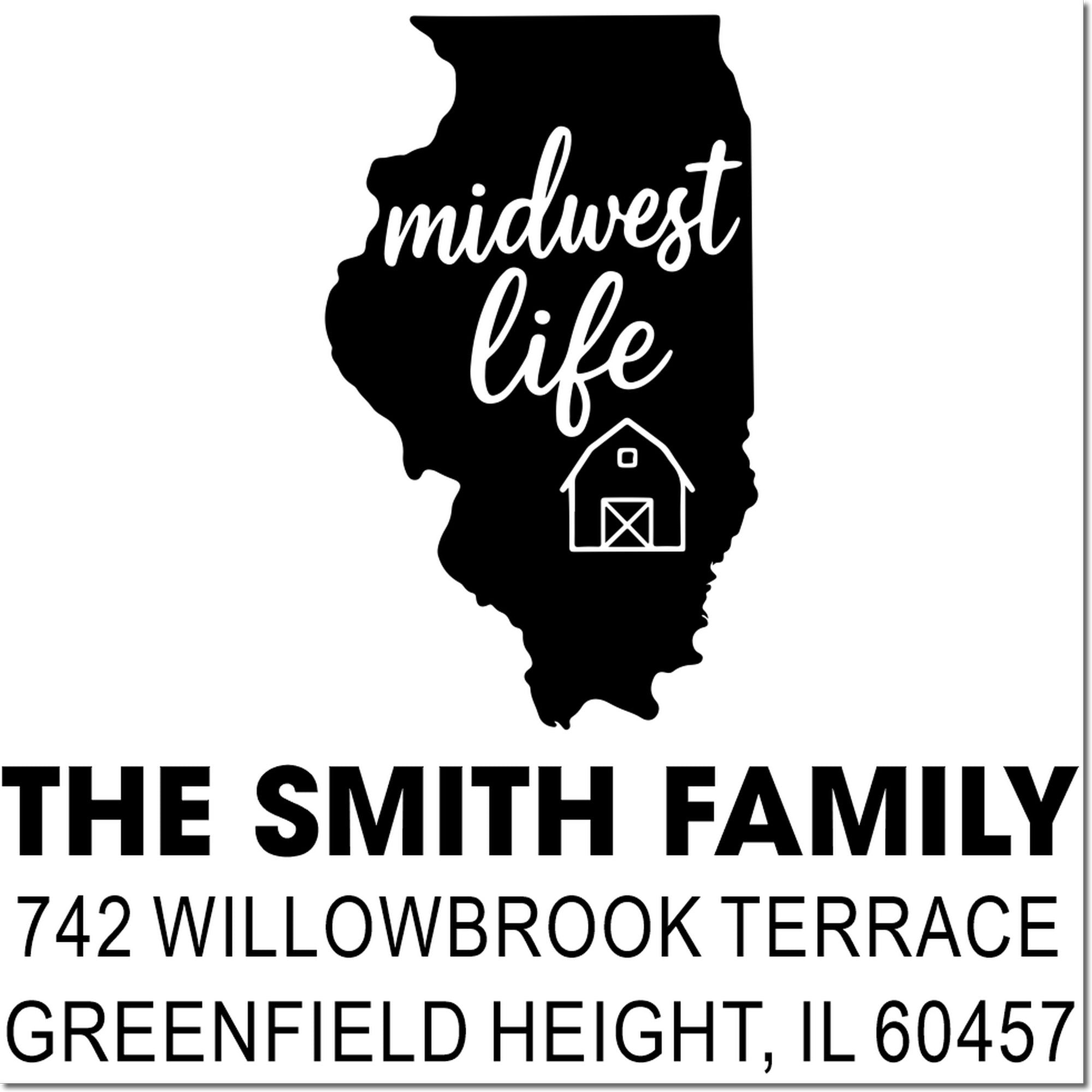 Custom Midwest Life rubber stamp with Illinois silhouette and barn icon for personalized return address mailing.