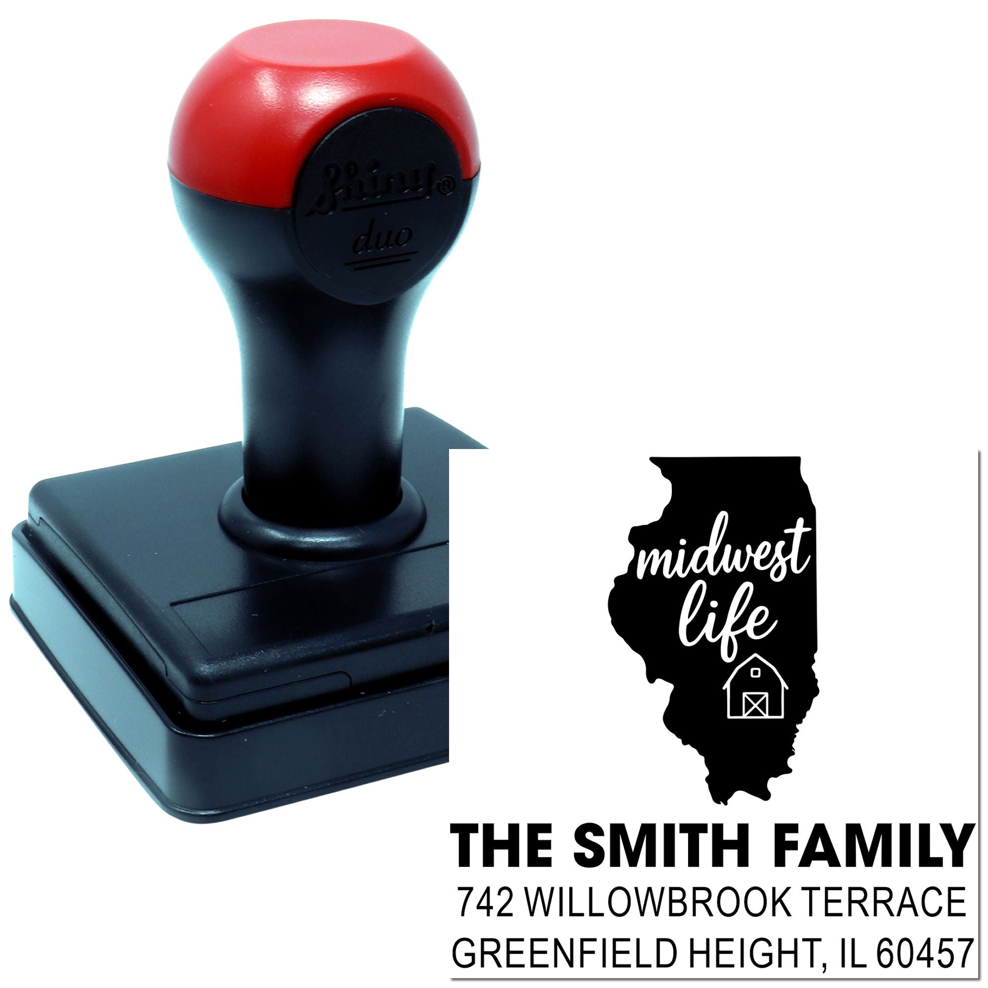 Custom self-inking rubber stamp with Illinois state design, Midwest Life graphic, family name and address for home mailing.