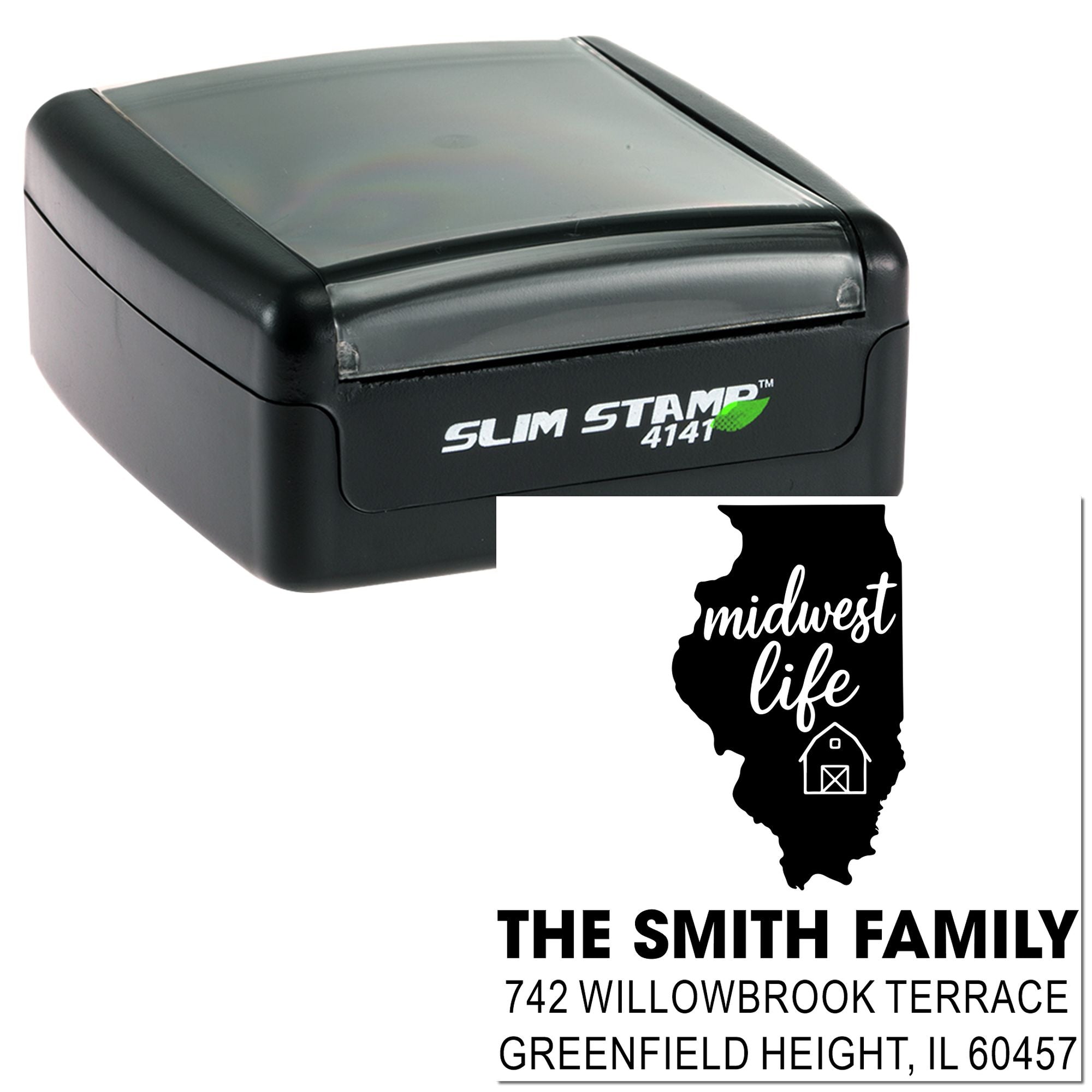 Slim Stamp 4141 custom self-inking address stamp with Illinois family return address design for personalized mail.