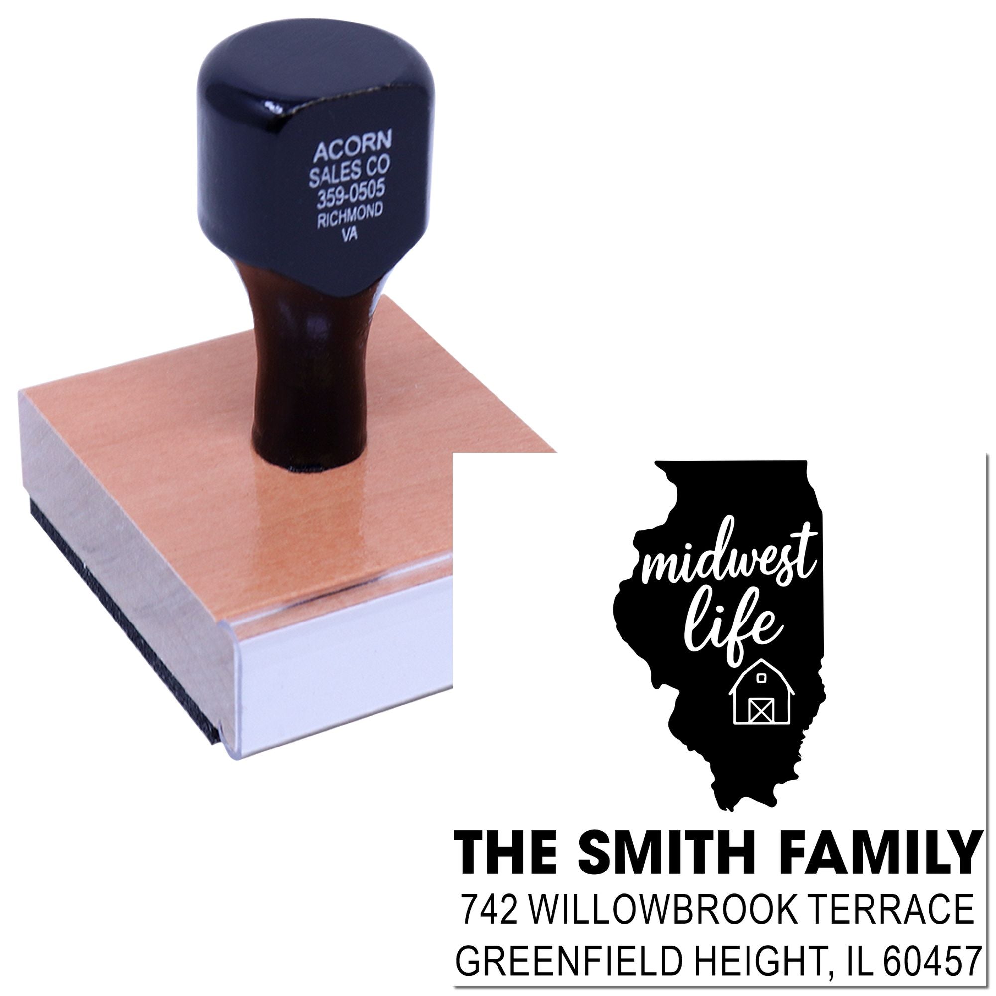 Custom rubber return address stamp with Illinois state design and The Smith Family address layout for Midwest Life branding.