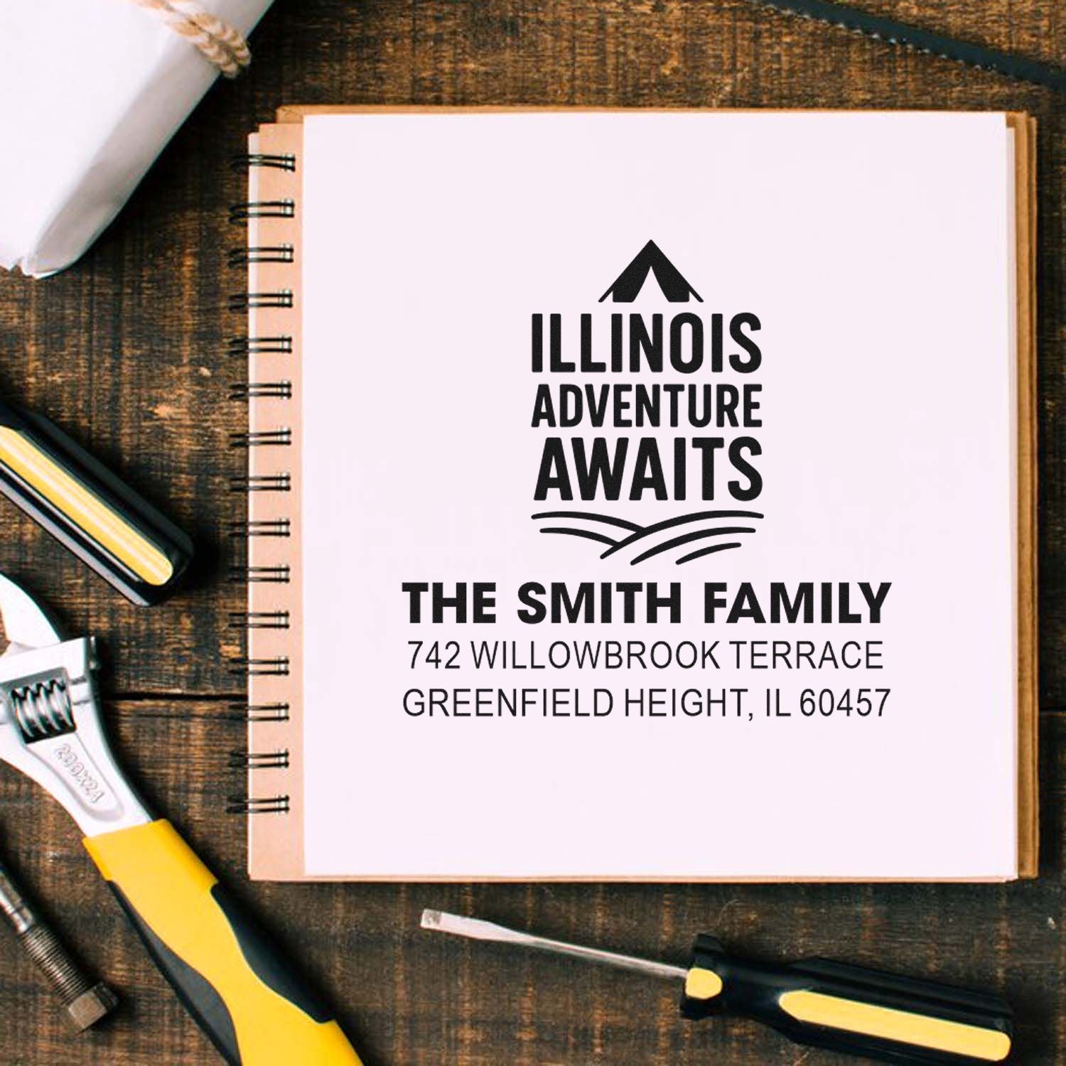 Custom Illinois Adventure Awaits rubber stamp with family name and address for personalized mail and travel-themed stationery.