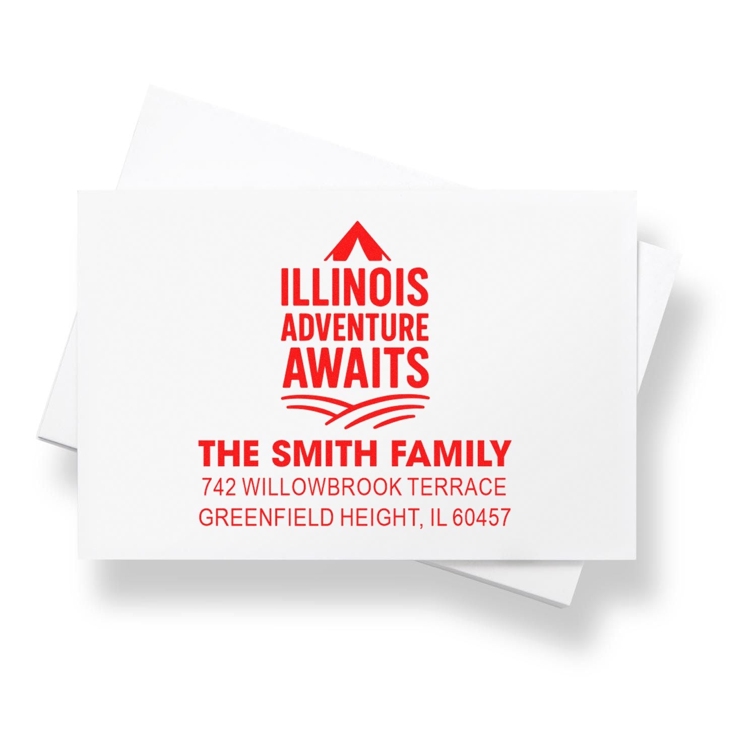 Custom Illinois Adventure Awaits return address rubber stamp for The Smith Family personalized envelopes.