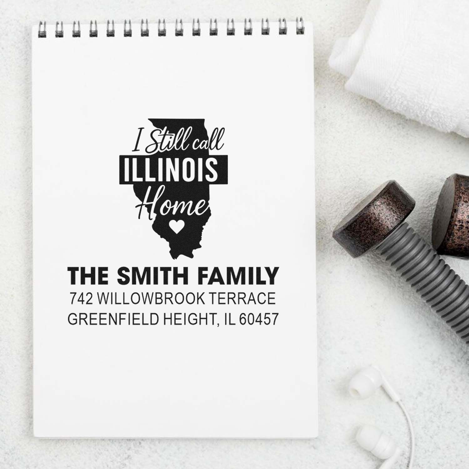 Personalized Illinois return address rubber stamp with family name, street address, and state home design.
