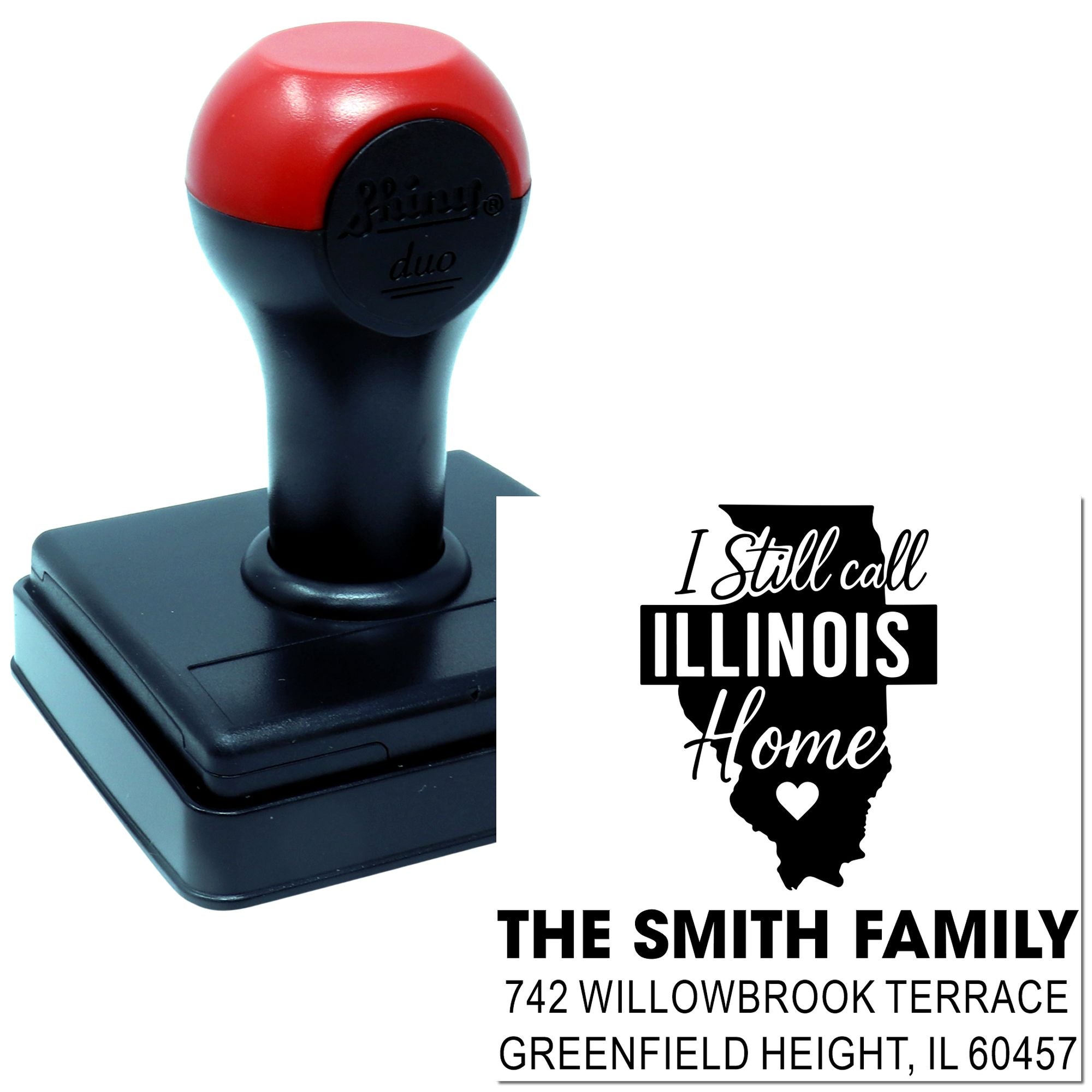 Custom self-inking Illinois home return address rubber stamp with family name and address for personalized mail.