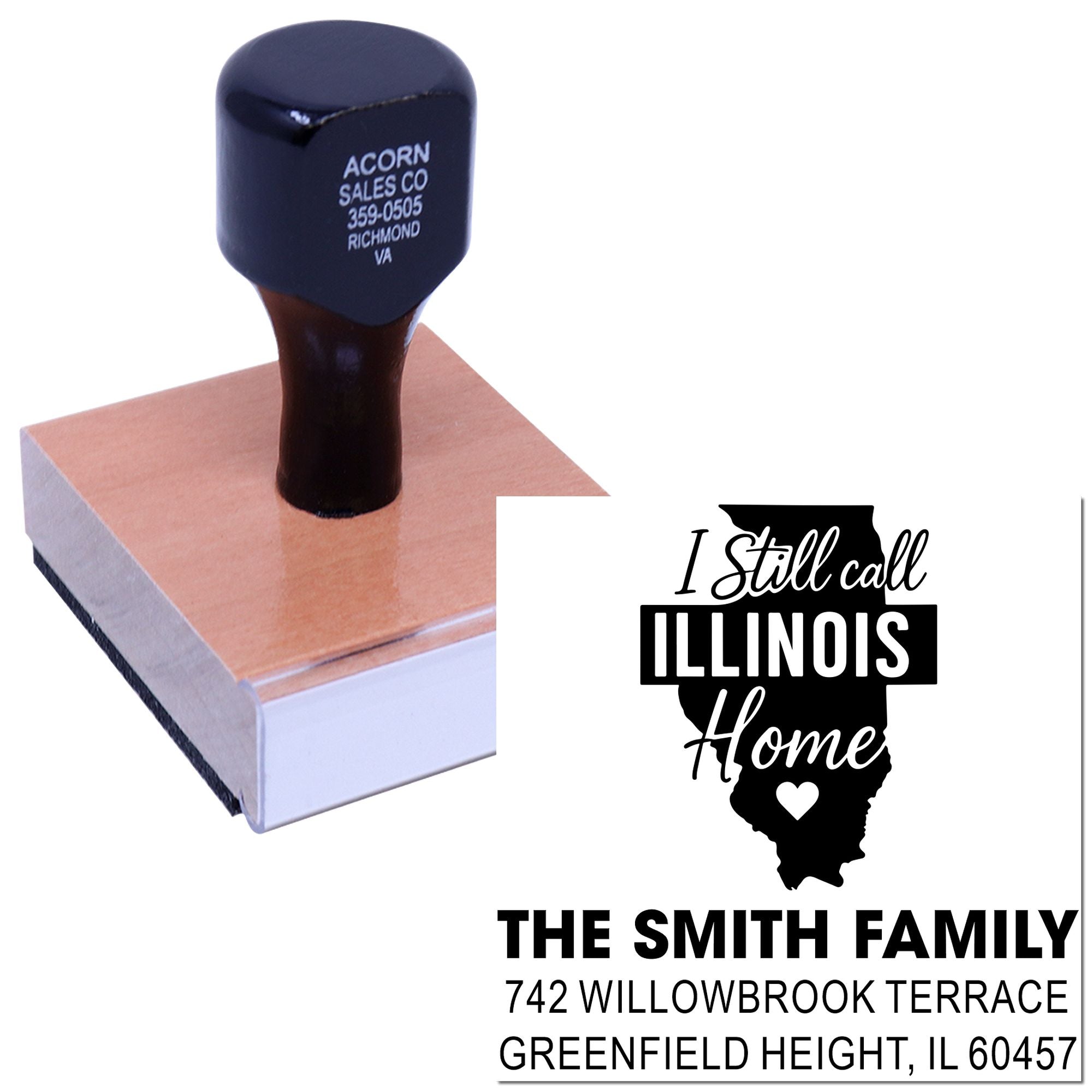 Custom rubber stamp for Illinois home address, featuring I Still Call Illinois Home design with family name and address.