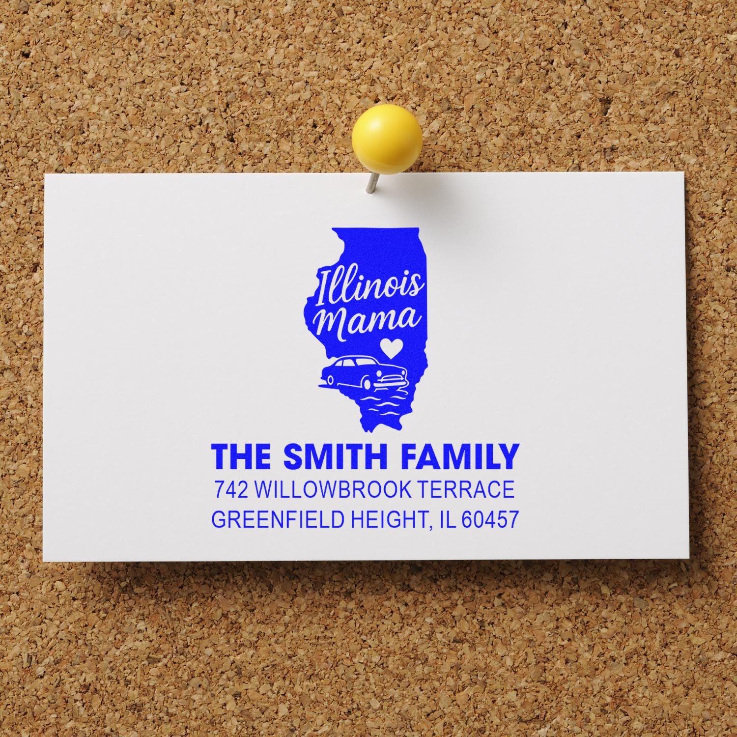 Illinois Mama custom return address rubber stamp proof for The Smith Family with Illinois silhouette and home address.