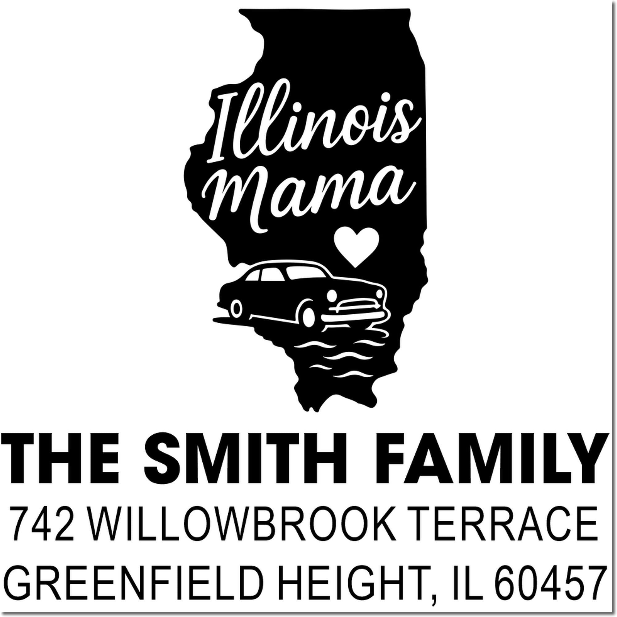 Custom Illinois Mama return address rubber stamp for The Smith Family with car icon and Greenfield Heights, IL address.
