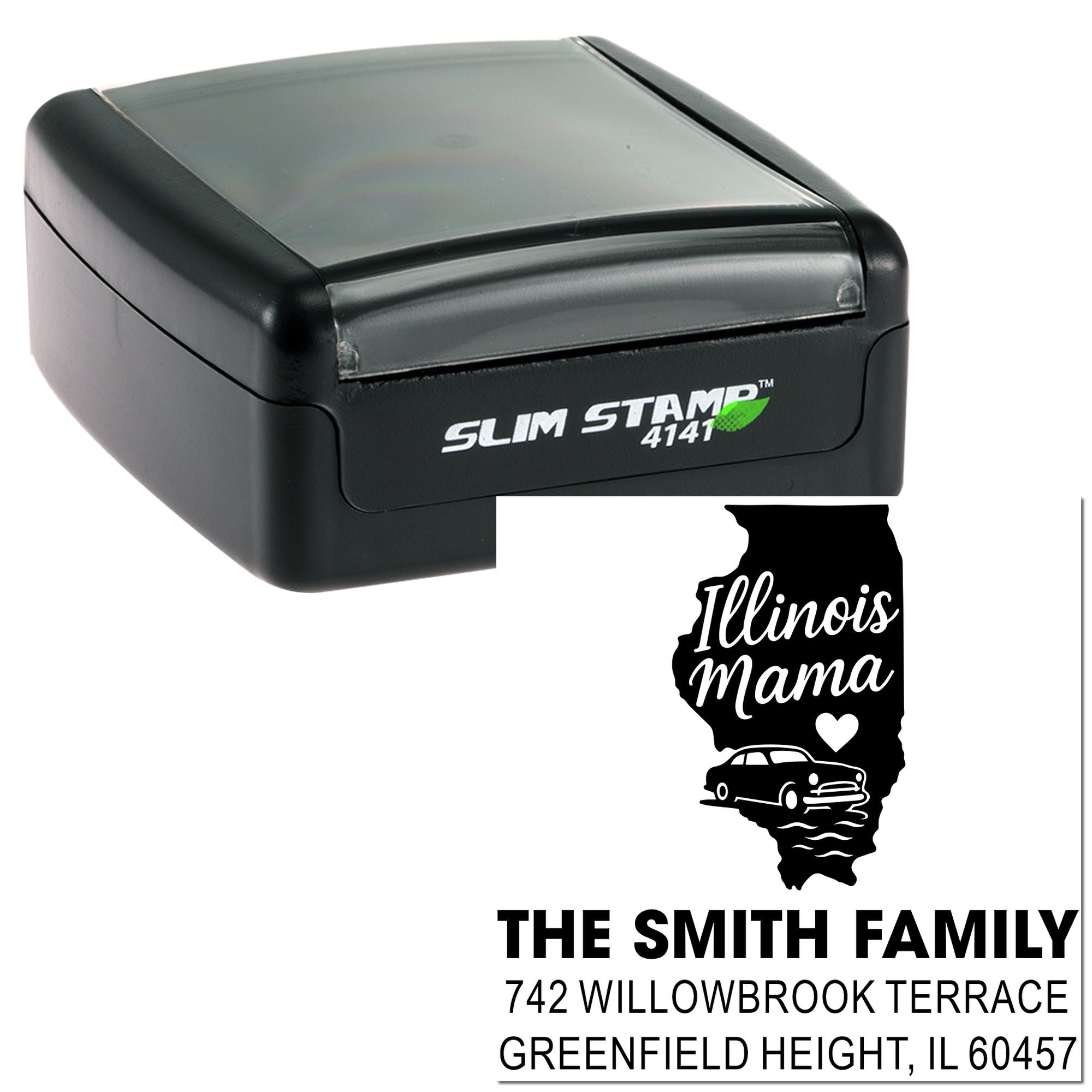 Custom self-inking rubber stamp with Illinois Mama state design and The Smith Family address imprint for personalized mailings.