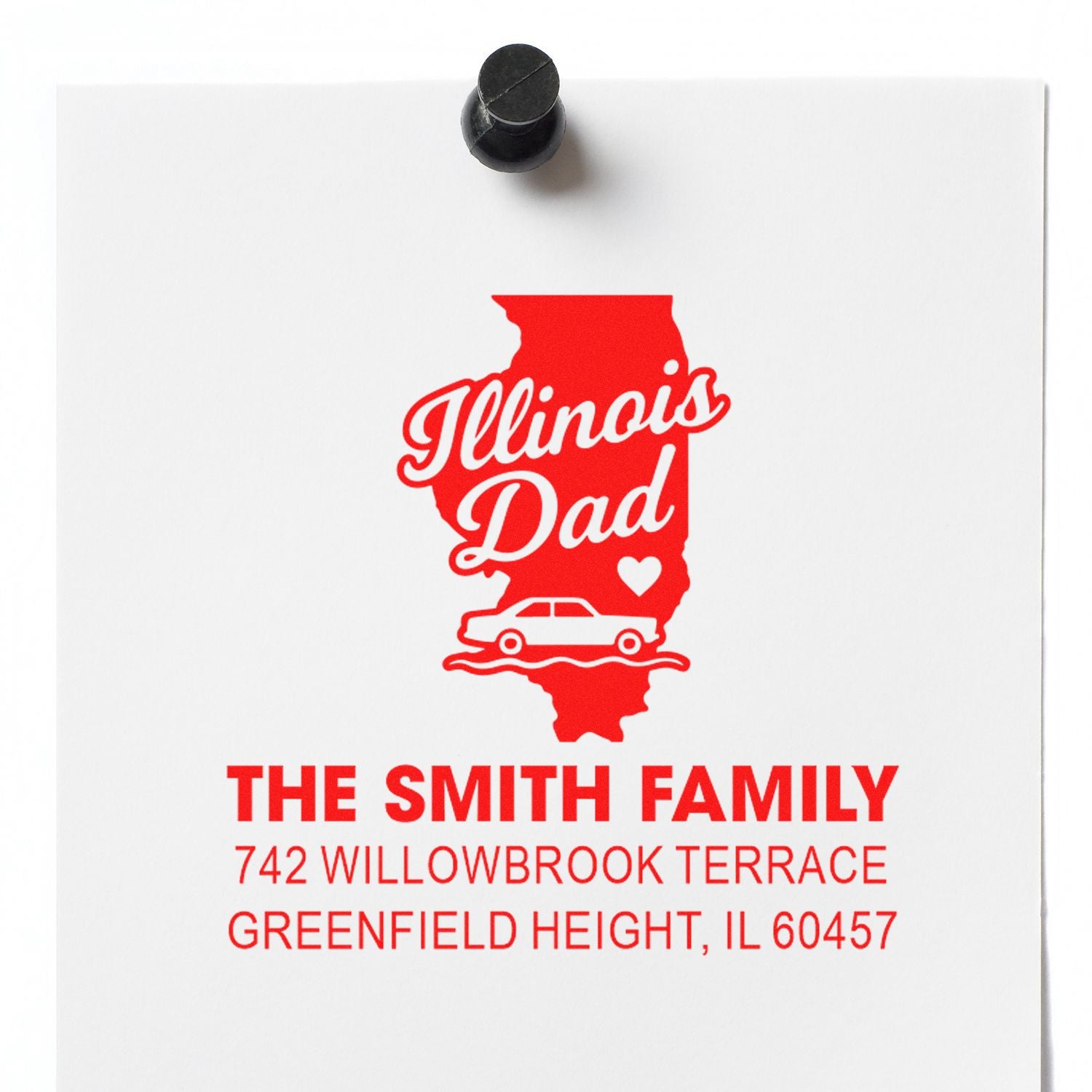 Custom Illinois family address rubber stamp with dad design for The Smith Family in Greenfield Height, IL 60457