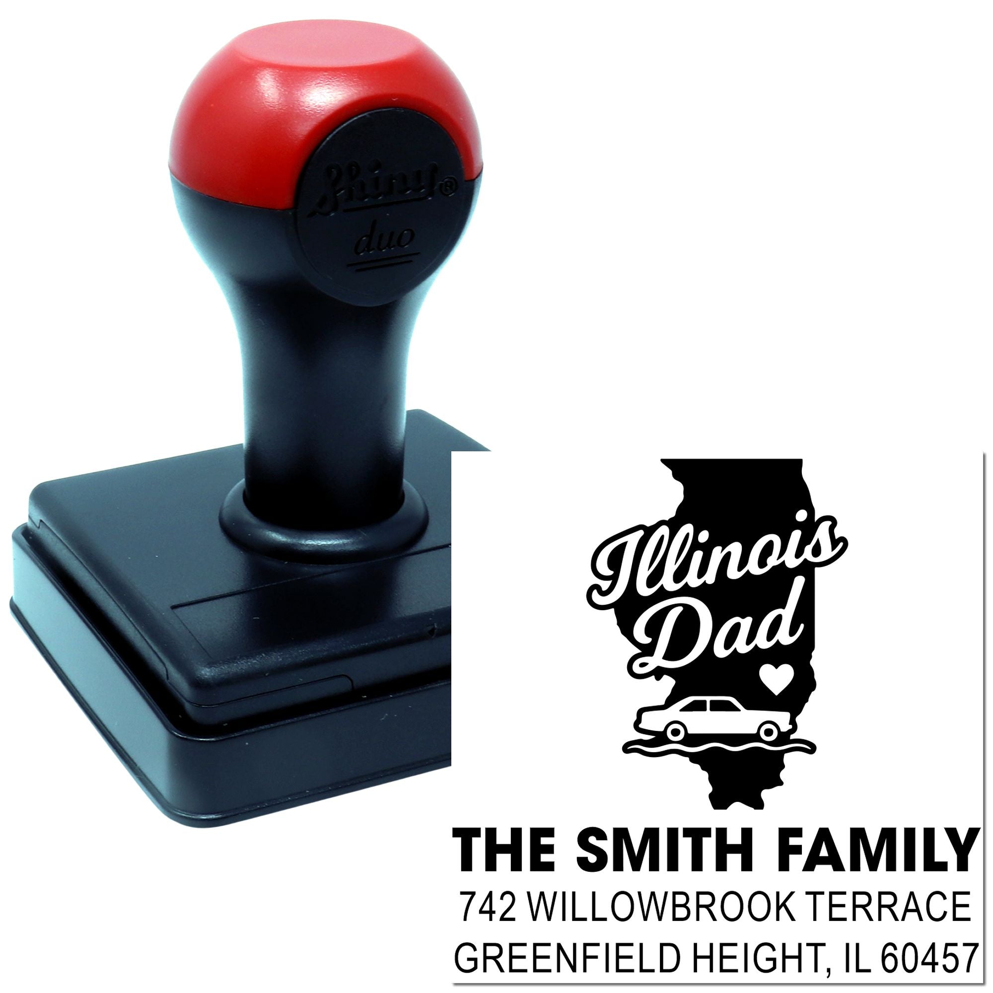 Self-inking custom Illinois family return address rubber stamp, personalized for mailings and home address labels
