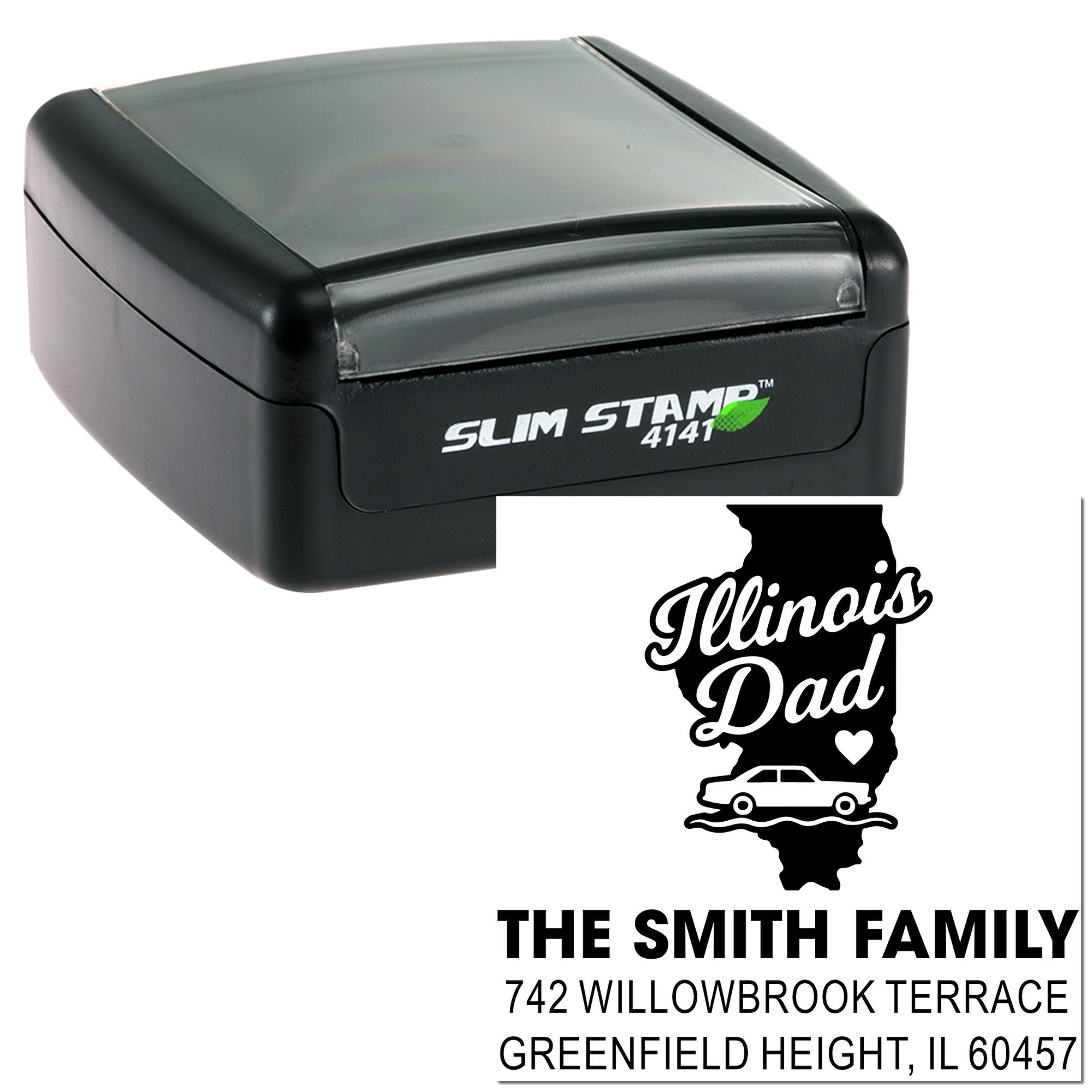 Custom self-inking Illinois address rubber stamp with family name and mailing address design.