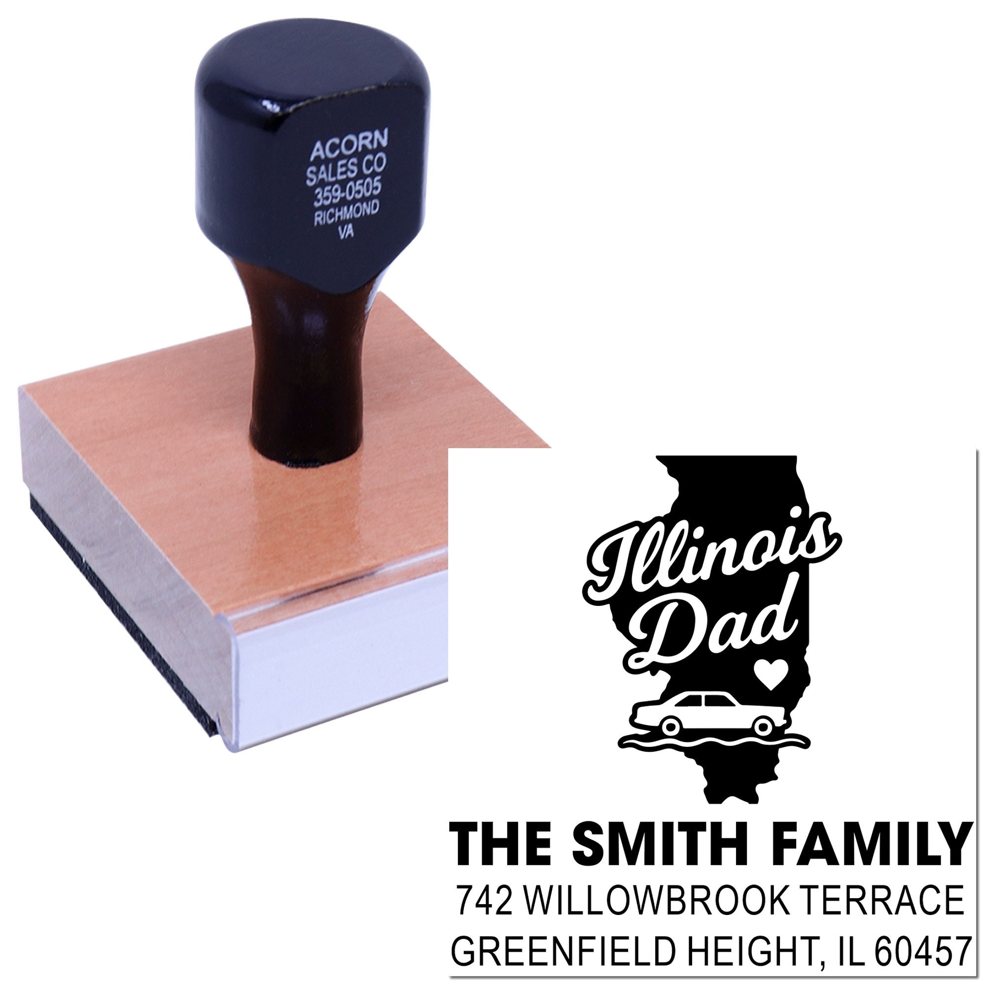 Custom Illinois family address rubber stamp with state silhouette, name, and address for personalized mail and stationery.