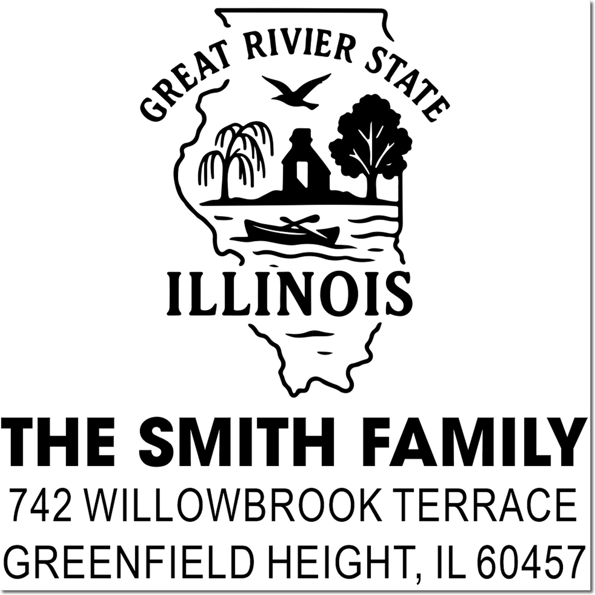 Custom Illinois address rubber stamp for The Smith Family, Greenfield Height, IL 60457, with Great River State graphic.
