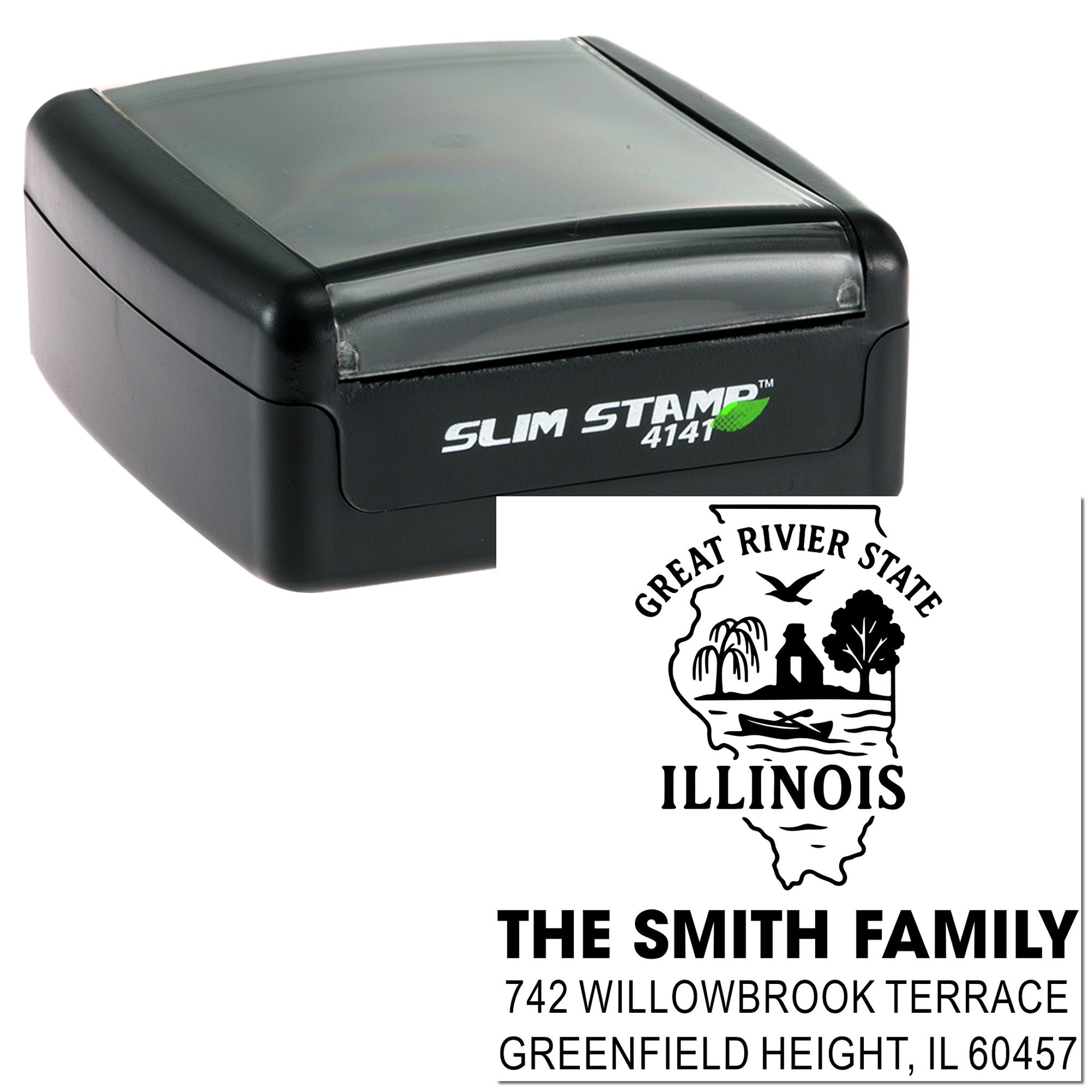 Custom self-inking address rubber stamp with Illinois state design for The Smith Family.