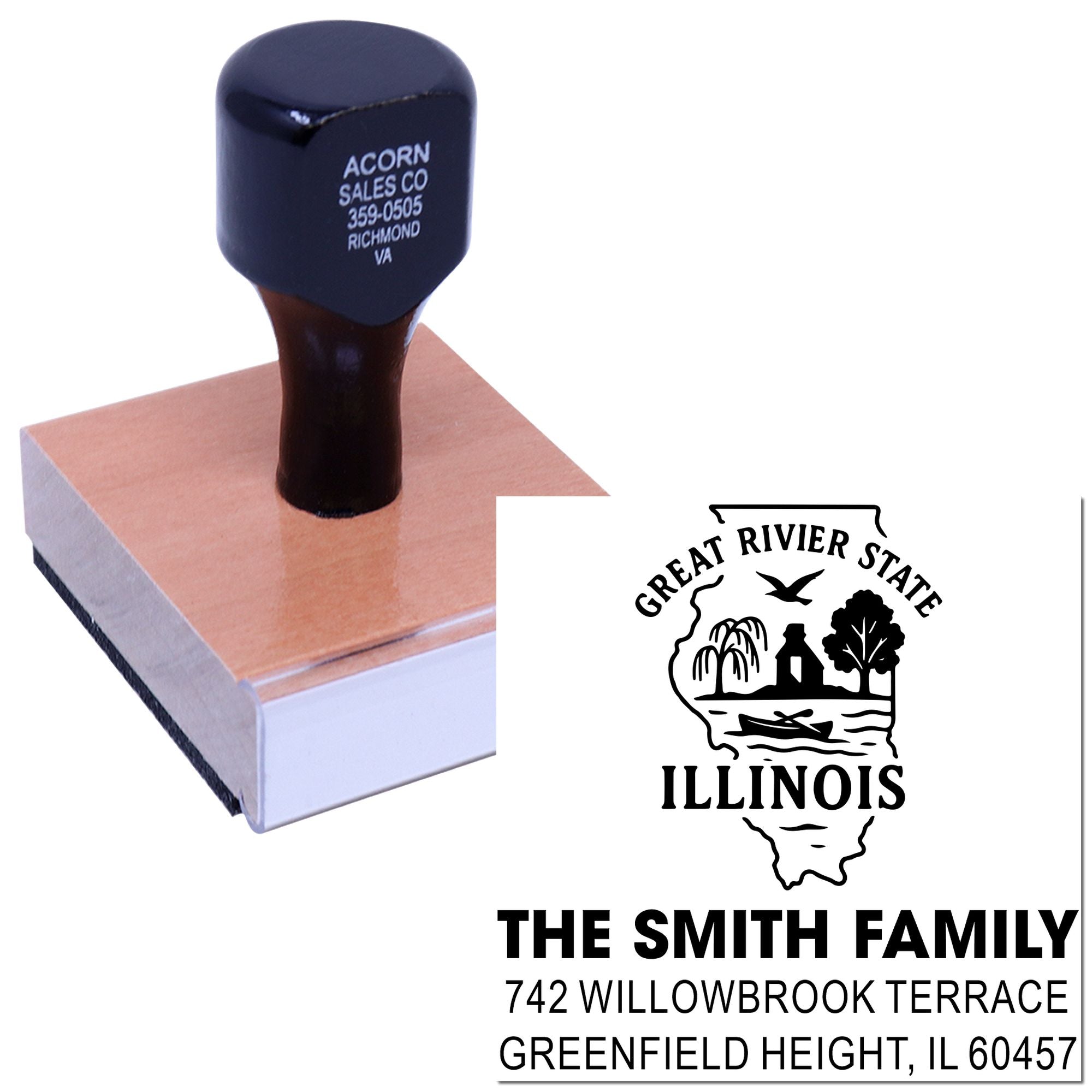 Custom rubber address stamp with Illinois Great River State logo and Smith family address