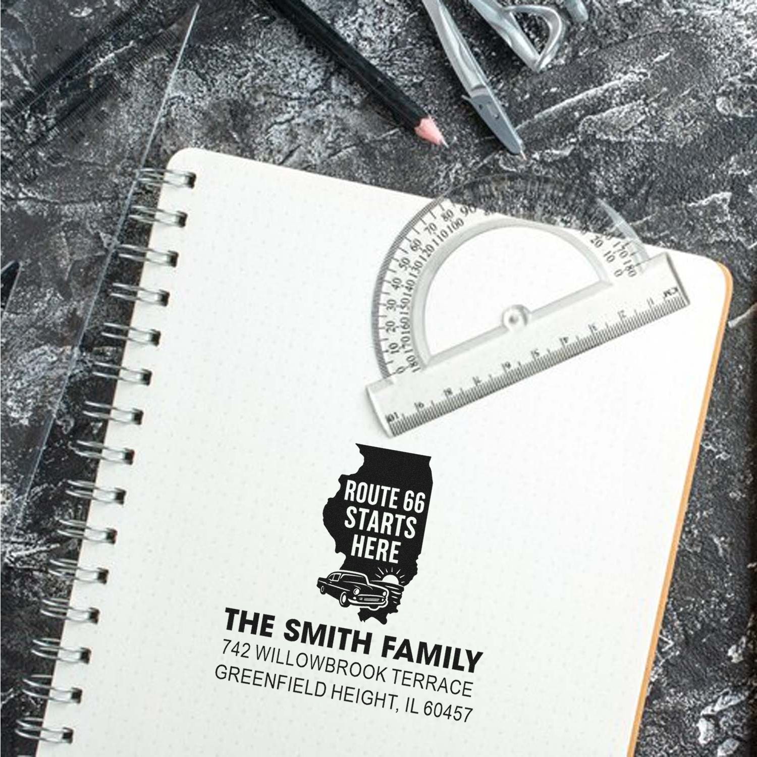 Personalized address rubber stamp with Route 66 starts here design for The Smith Family, ideal for mail and stationery.