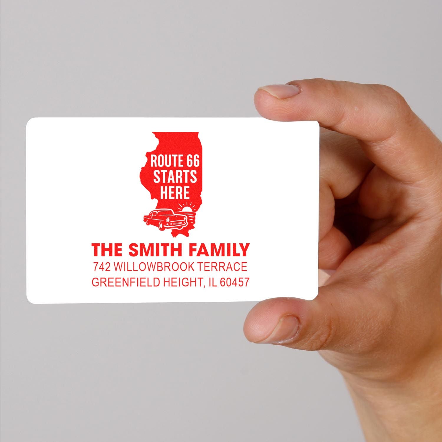 Custom Route 66 family address rubber stamp design with Illinois map, car icon, and Smith family return address.