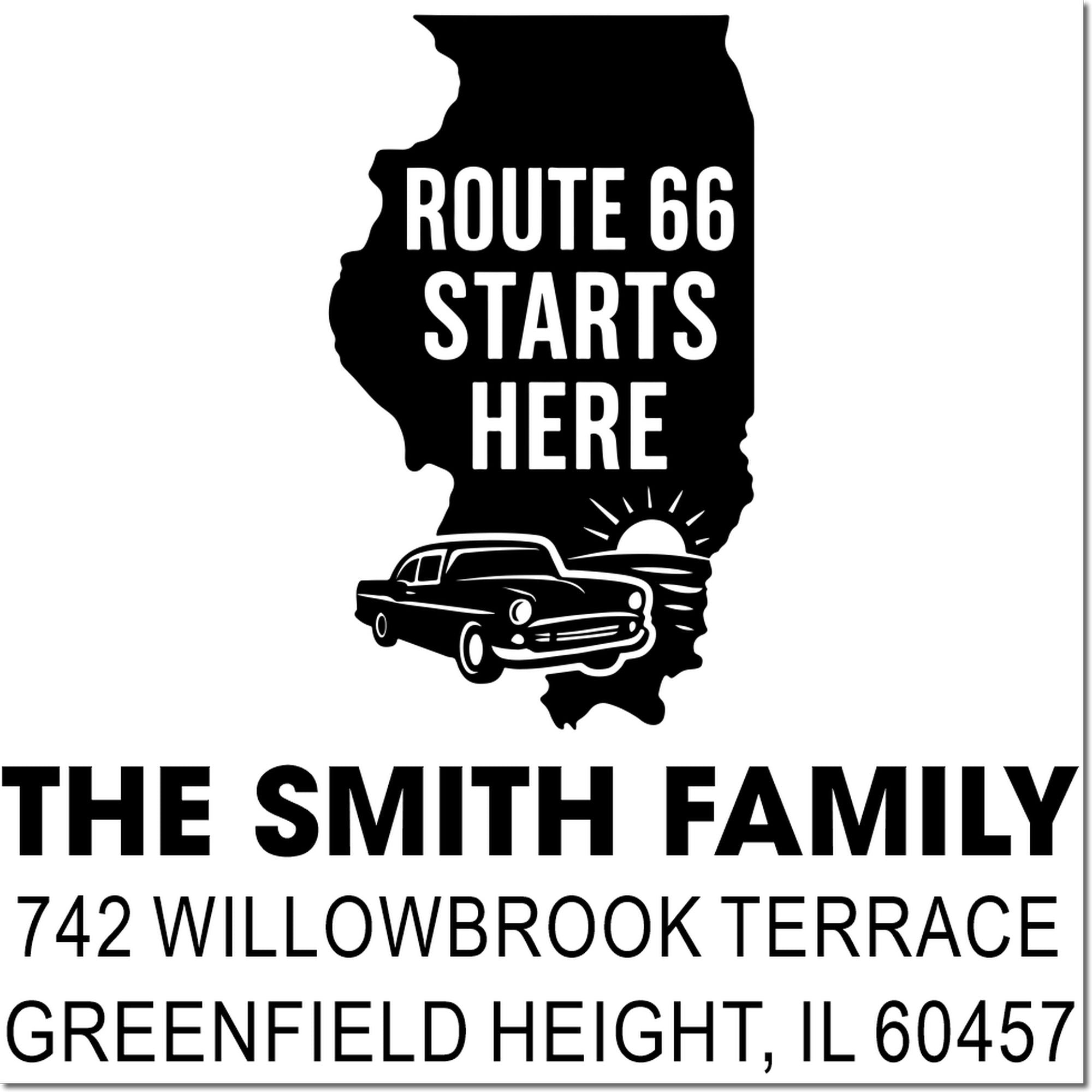 Personalized Route 66 Illinois return address rubber stamp with car graphic and Greenfield Heights, IL.