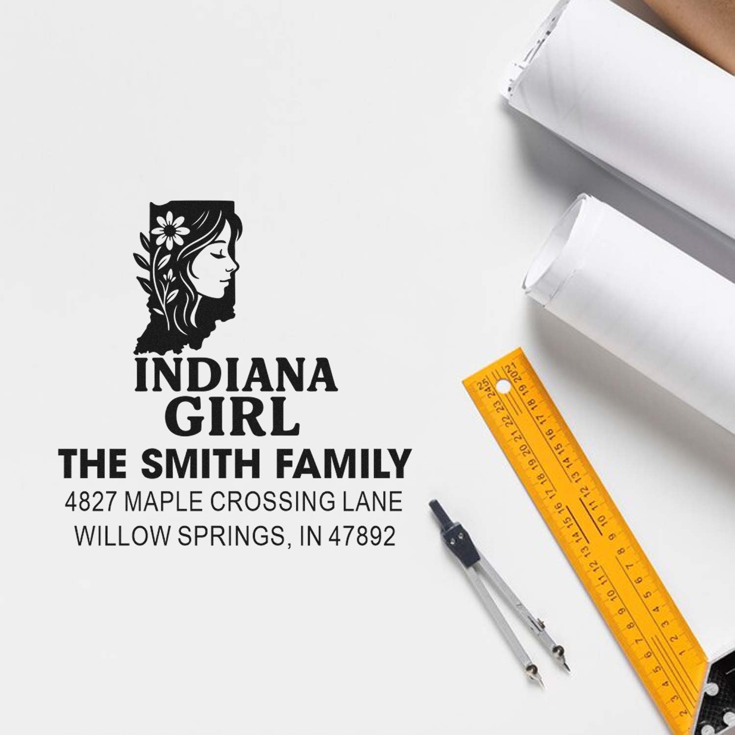 Custom Indiana Girl address rubber stamp for The Smith Family, featuring name and full mailing address.