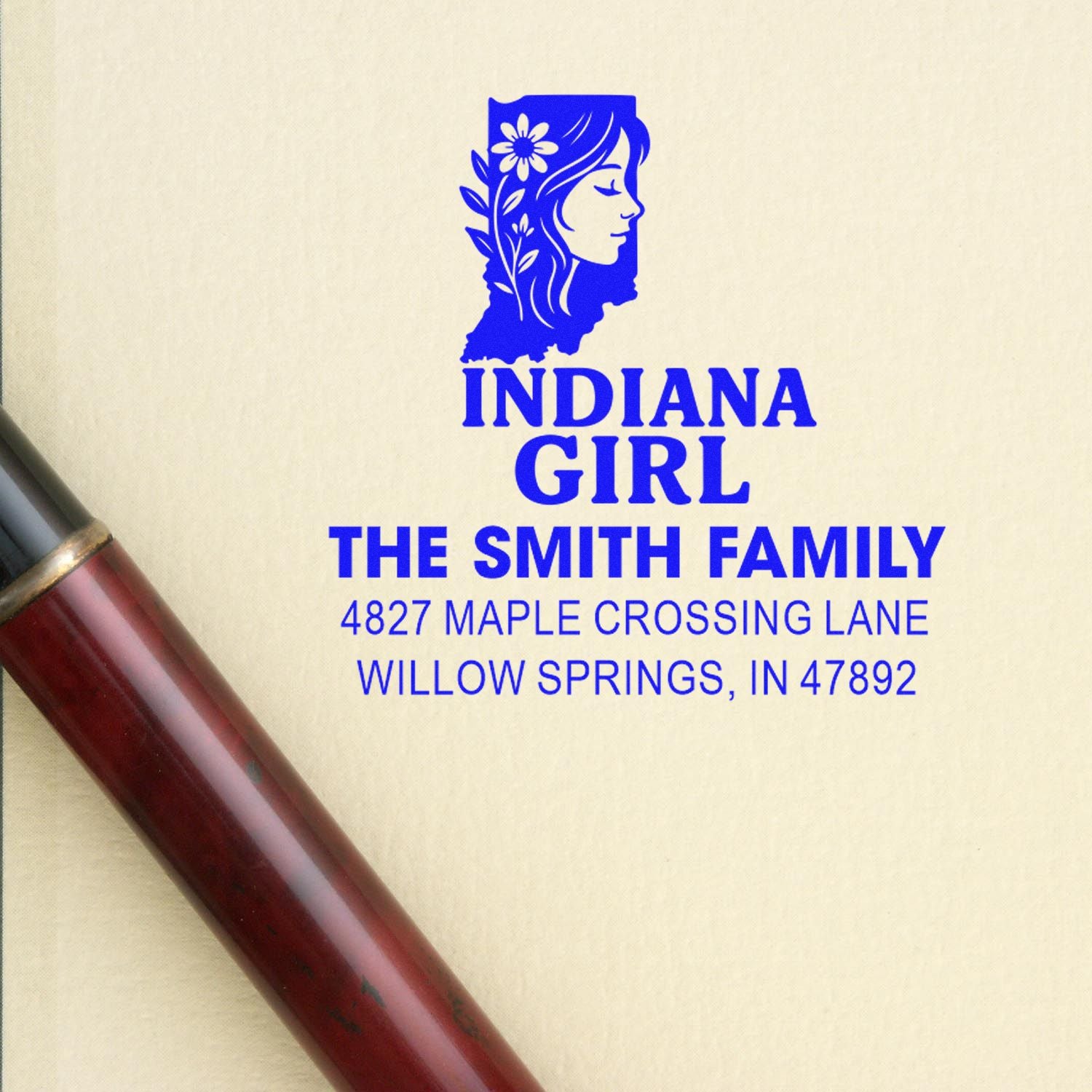 Custom Indiana Girl return address rubber stamp impression for The Smith Family, Willow Springs, IN.