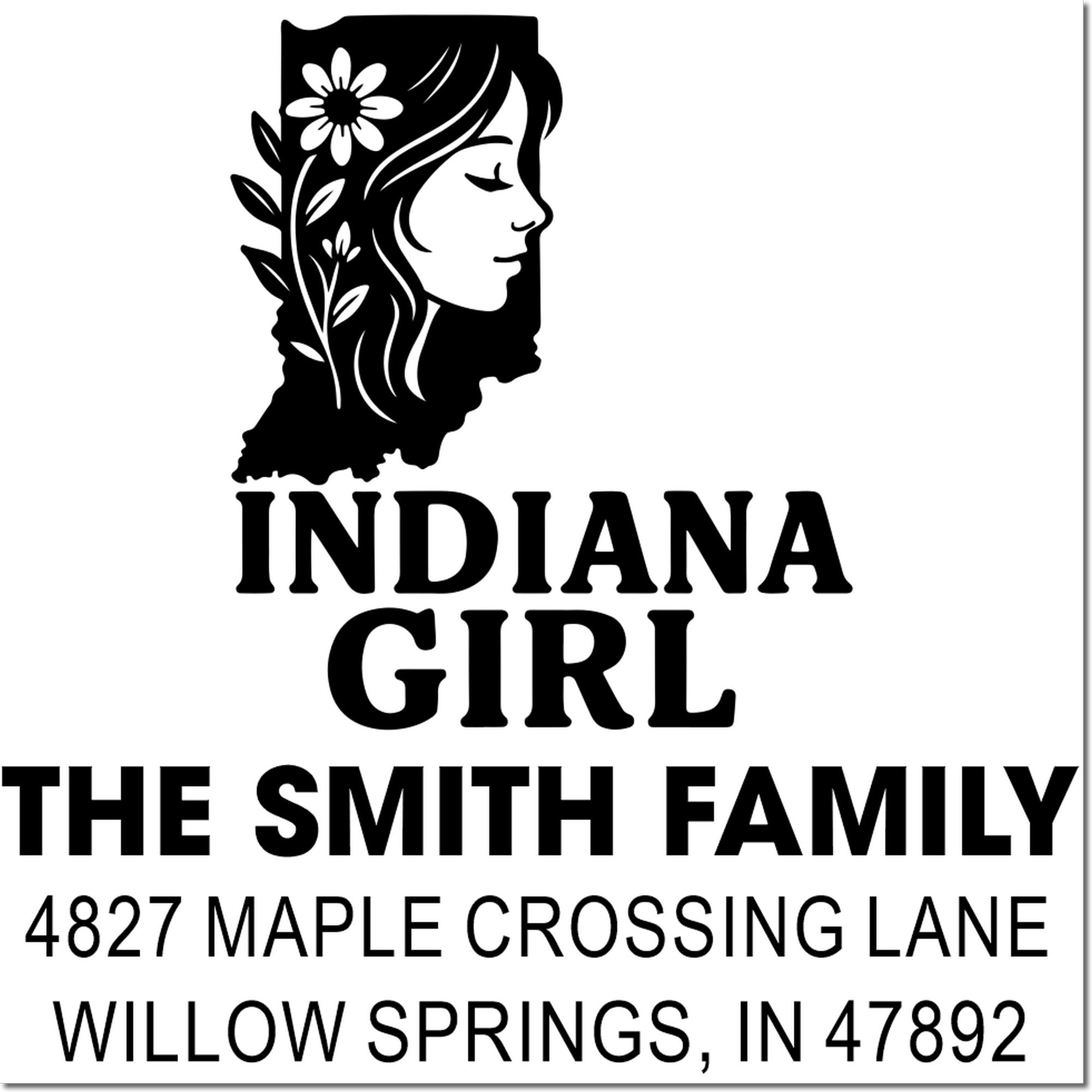 Custom Indiana Girl address rubber stamp for The Smith Family, Willow Springs, IN 47892